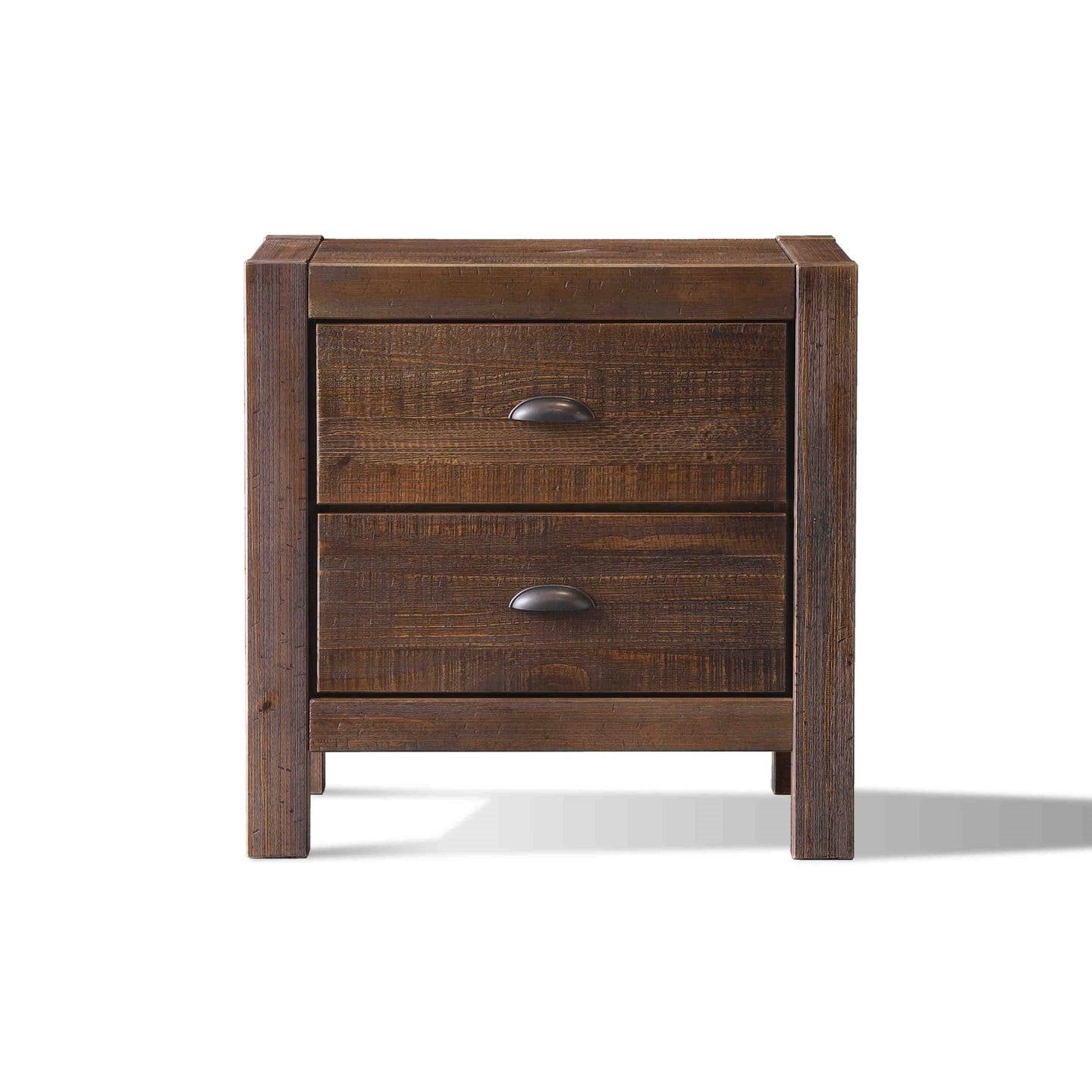 Mesa de Noche de Estilo Rústico con 2 Cajones de Madera de Pino Maciza en Nogal