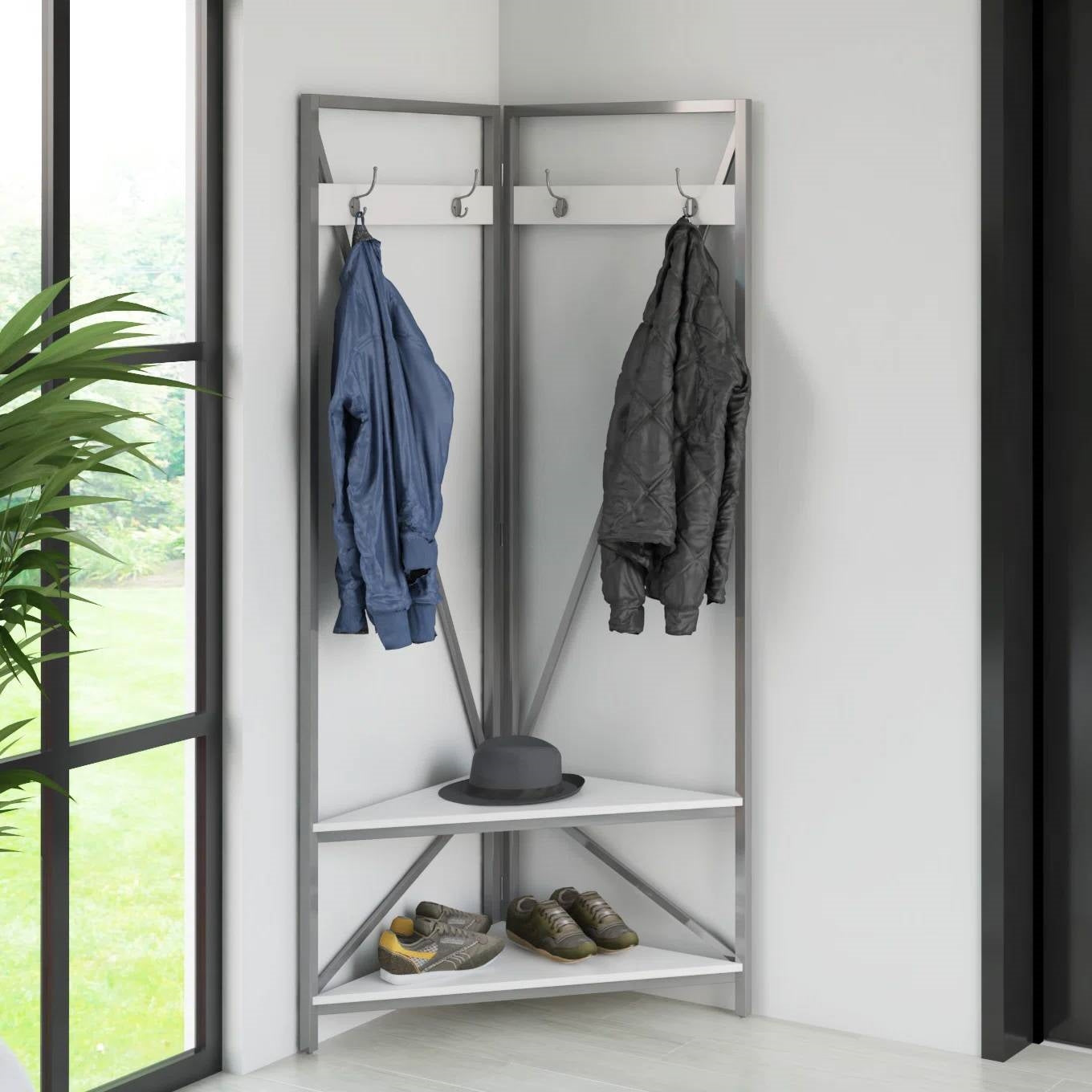 Mueble recibidor moderno de metal con perchero y banco de almacenamiento para zapatos con asiento y estante blancos