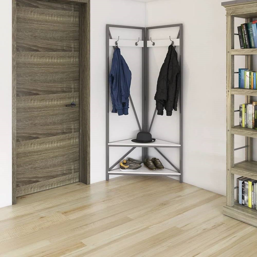 Mueble recibidor moderno de metal con perchero y banco de almacenamiento para zapatos con asiento y estante blancos