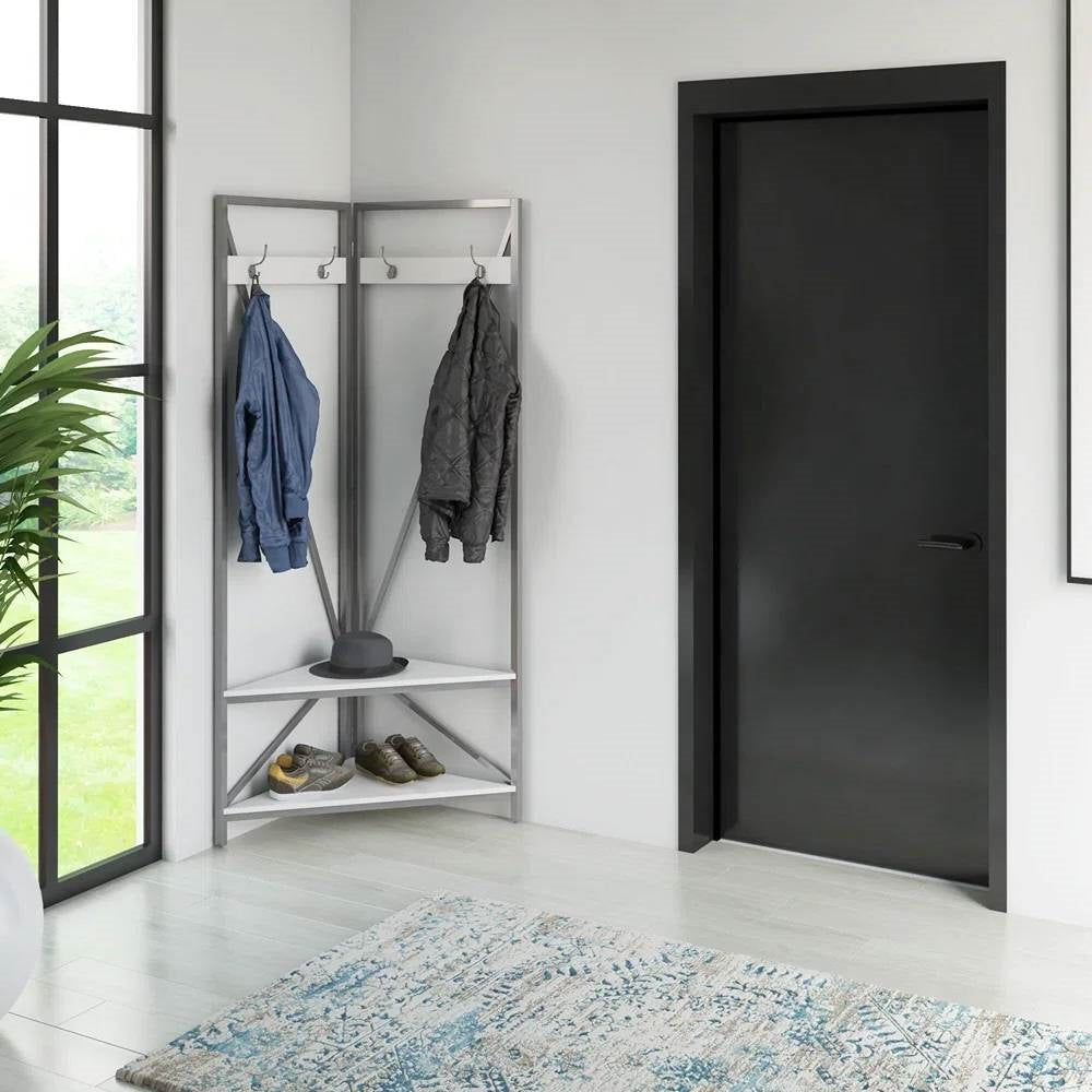 Mueble recibidor moderno de metal con perchero y banco de almacenamiento para zapatos con asiento y estante blancos