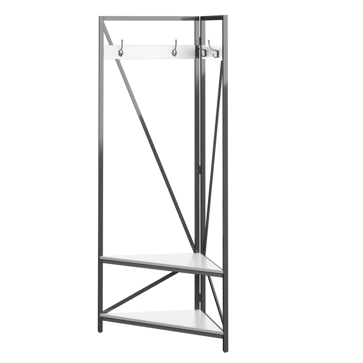 Mueble recibidor moderno de metal con perchero y banco de almacenamiento para zapatos con asiento y estante blancos