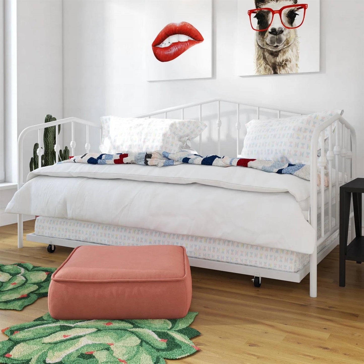 Cama de día moderna industrial blanca de metal tamaño individual con marco de cama nido