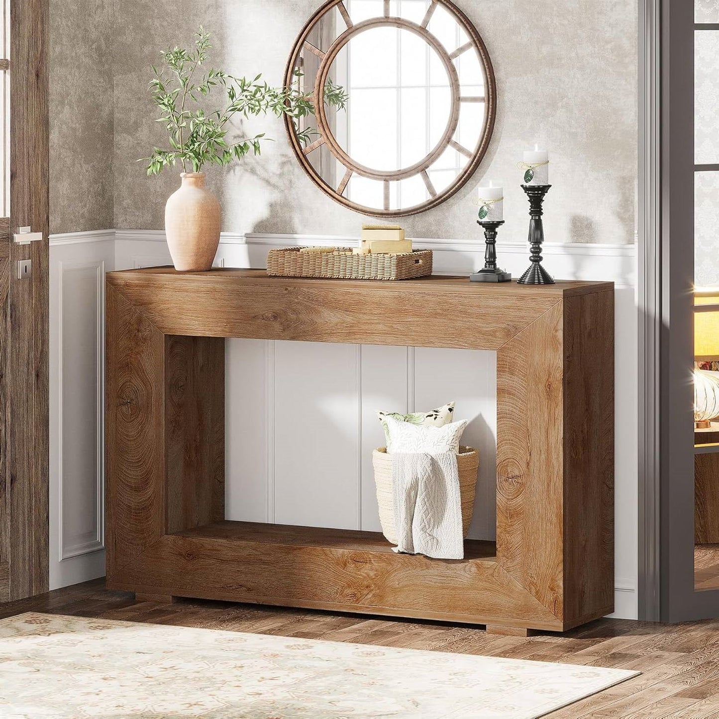Mesa de entrada o sofá de 47 pulgadas de largo estilo "modern farmhouse" con acabado de madera marrón