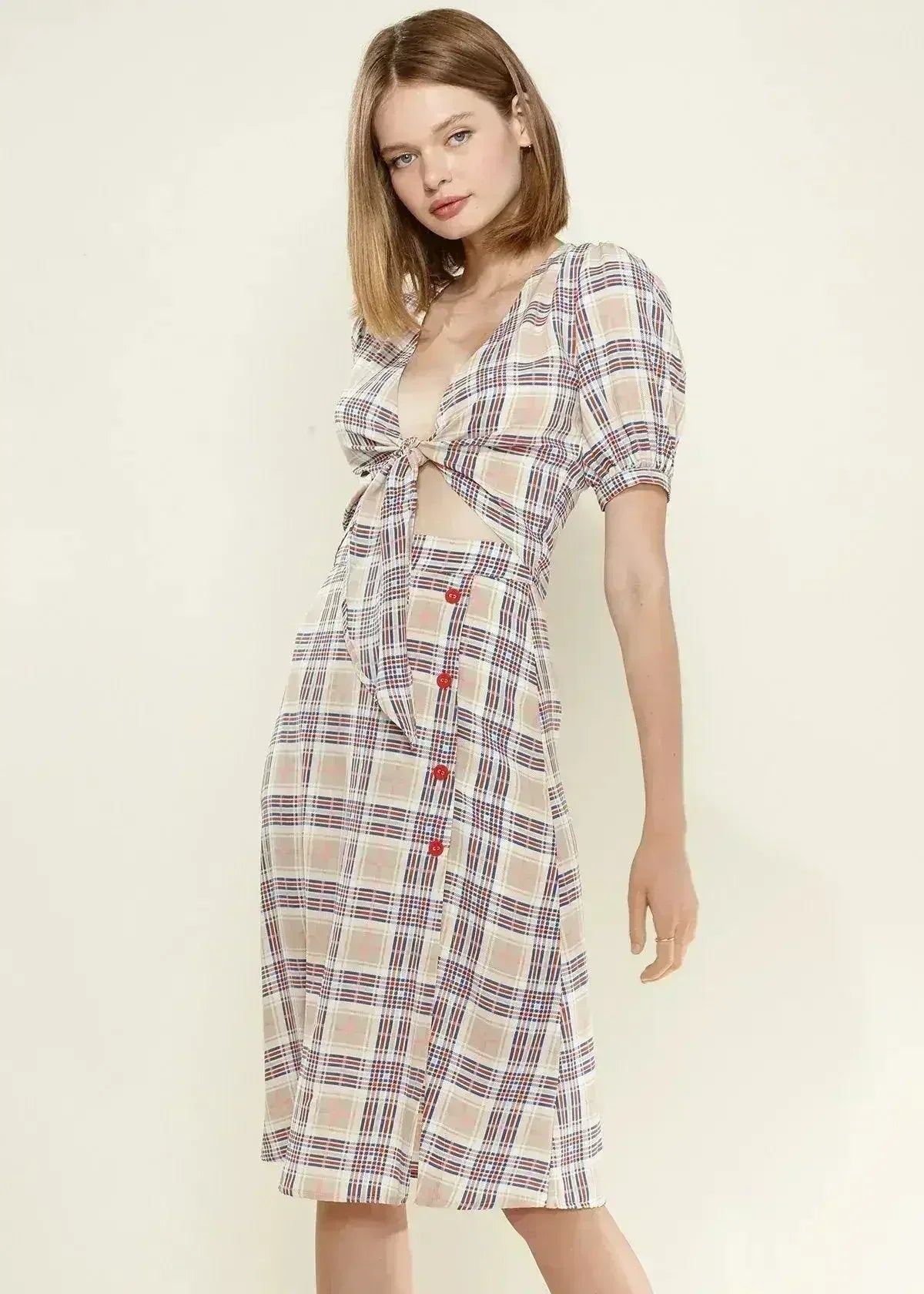 Women's Multi Check Tie Hem Blouse in Multiplaid | Femstylo