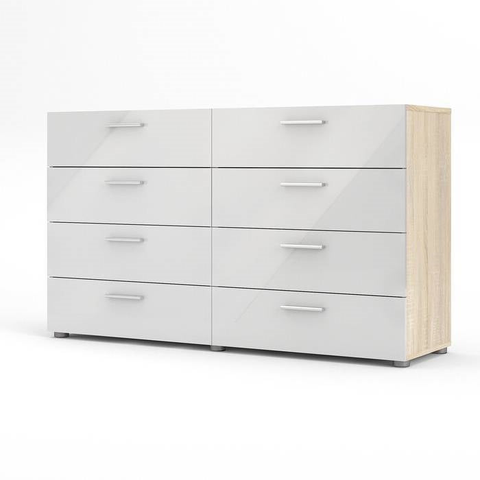 Cómoda doble de 8 cajones en blanco moderno con laterales y parte superior con acabado en roble
