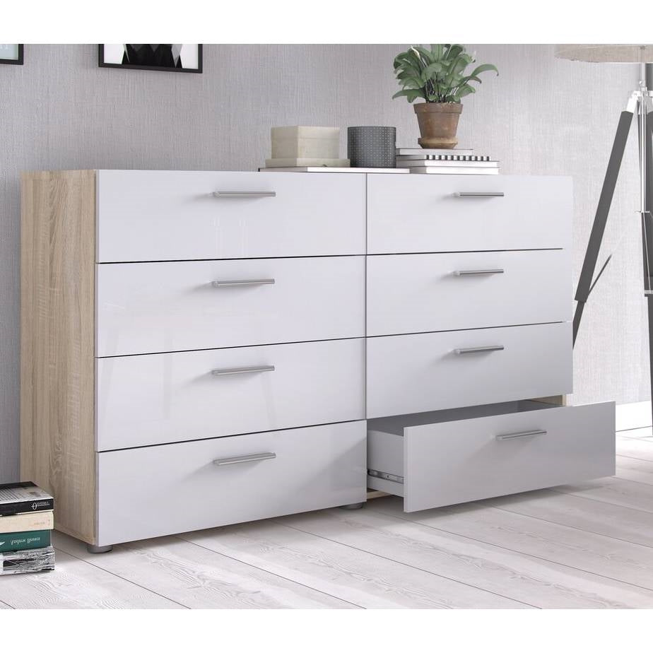 Cómoda doble de 8 cajones en blanco moderno con laterales y parte superior con acabado en roble