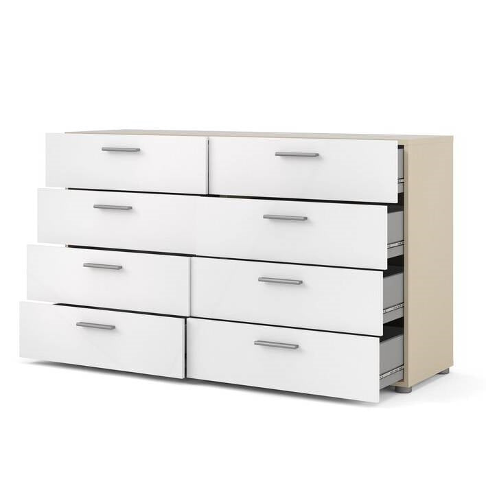 Cómoda doble de 8 cajones en blanco moderno con laterales y parte superior con acabado en roble