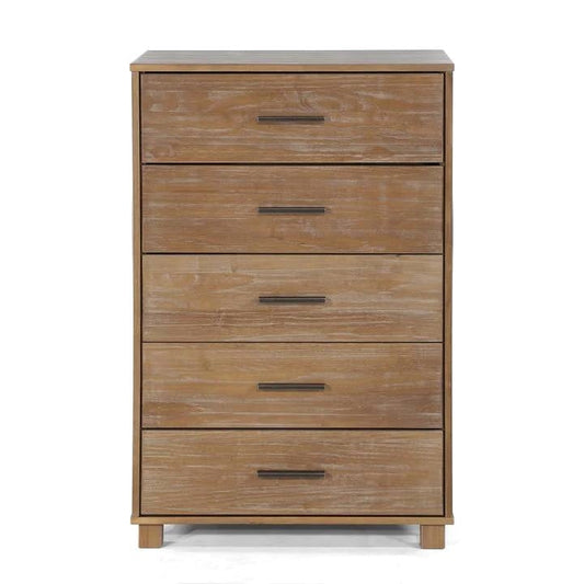 Cómoda de dormitorio de madera maciza estilo granja moderna con 5 cajones en acabado pino