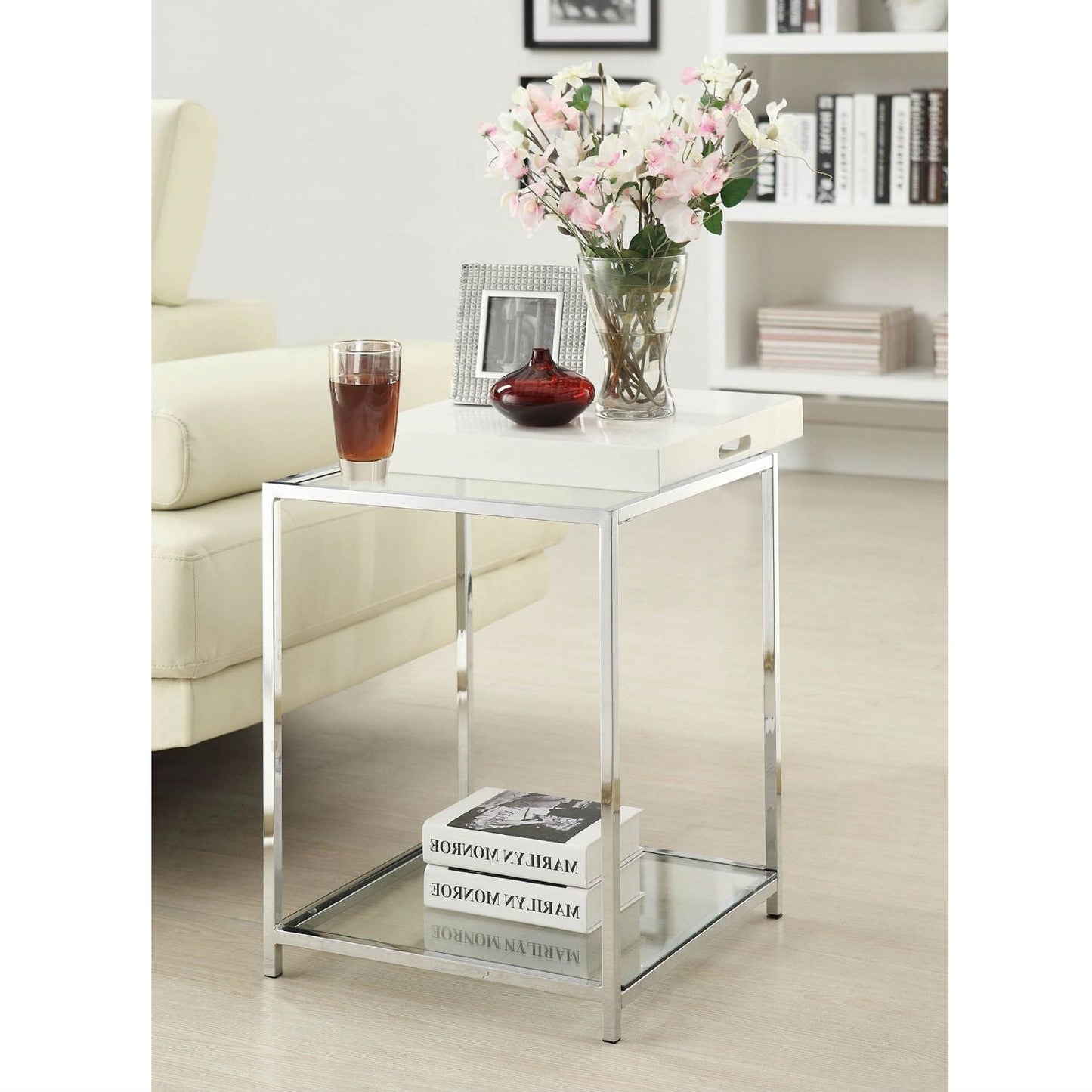 Mesa auxiliar de metal clásica moderna con bandeja blanca extraíble