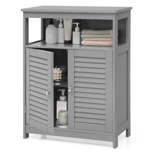 Mueble de lino gris para baño estilo casa de campo con puertas de persiana y estante abierto