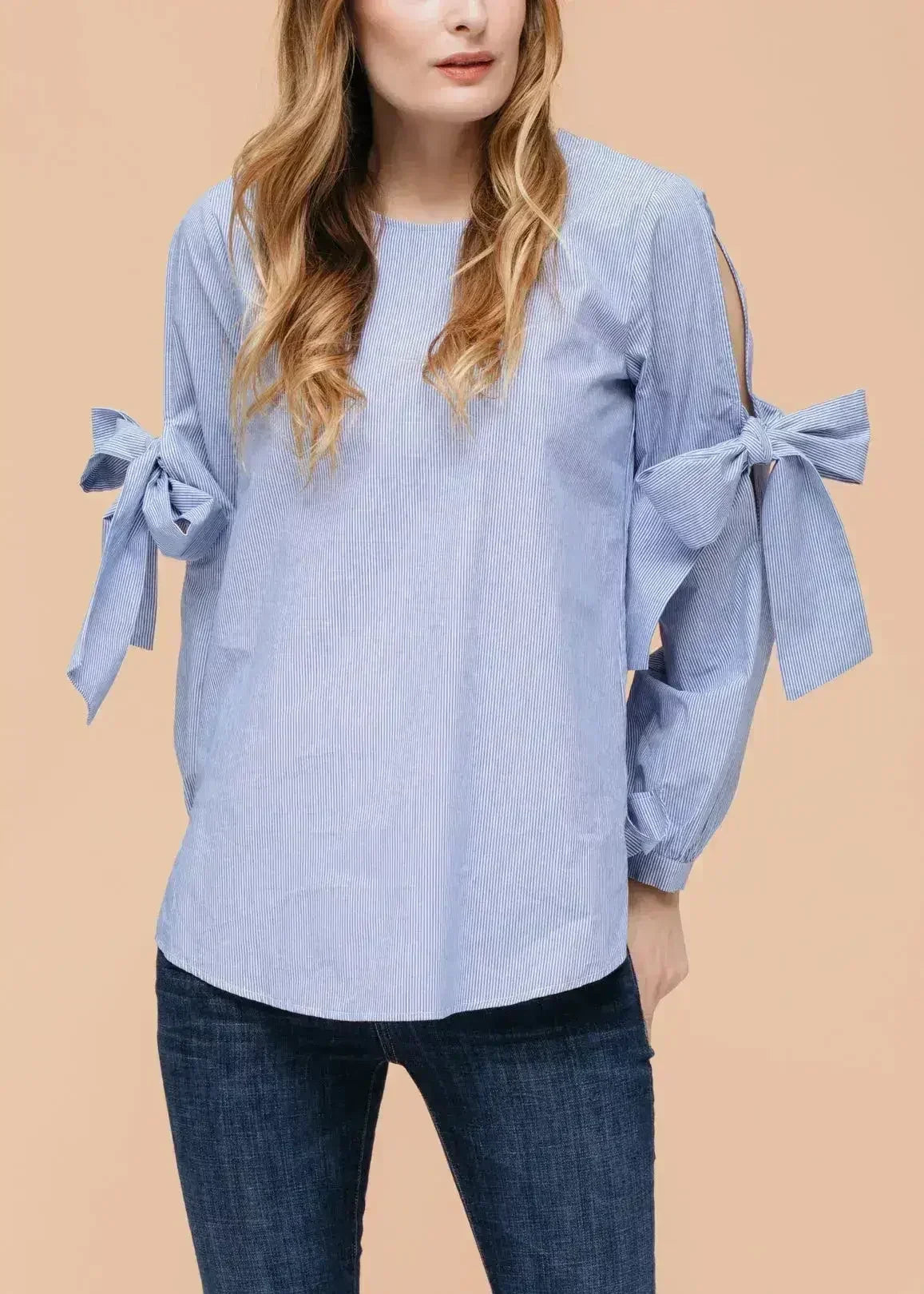 Women's Tie Sleeve Poplin Crewneck Blouse | Femstylo