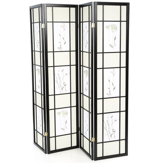Biombo Shoji Divisor de Ambiente de 4 Paneles Negro con Estampado Floral Asiático