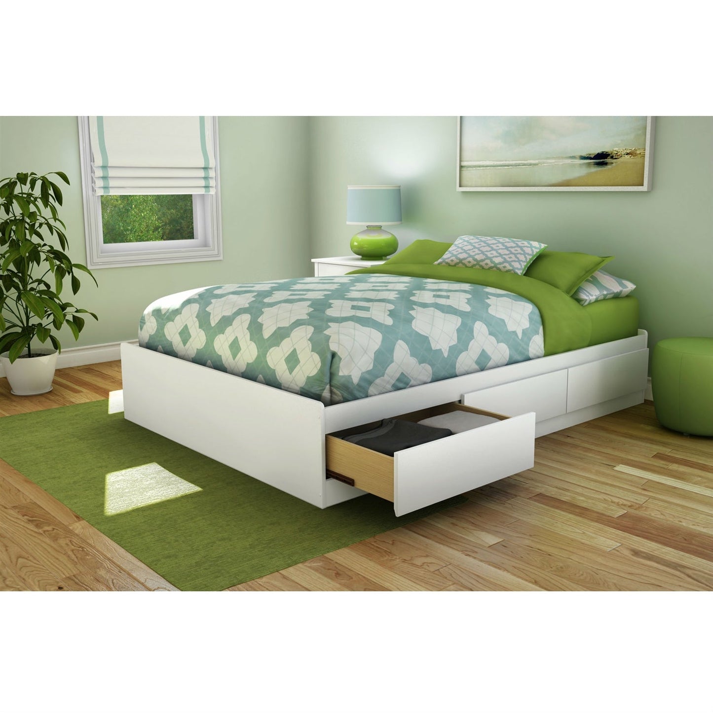 Cama de plataforma contemporánea tamaño completo con 3 cajones de almacenamiento en color blanco