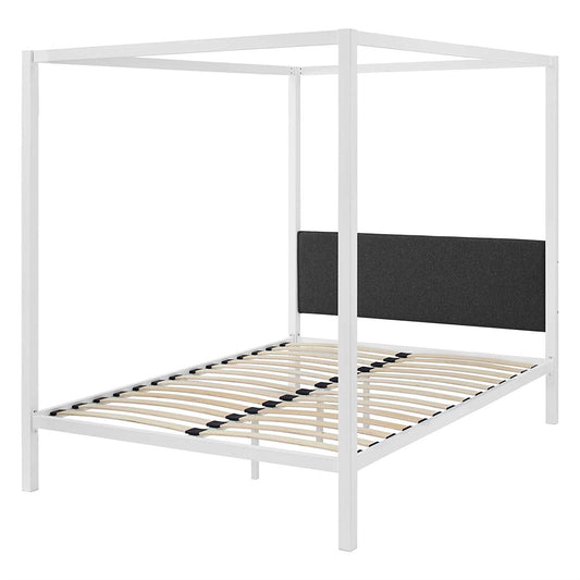 Estructura de cama Queen size con dosel de metal blanco y cabecero tapizado en tela gris