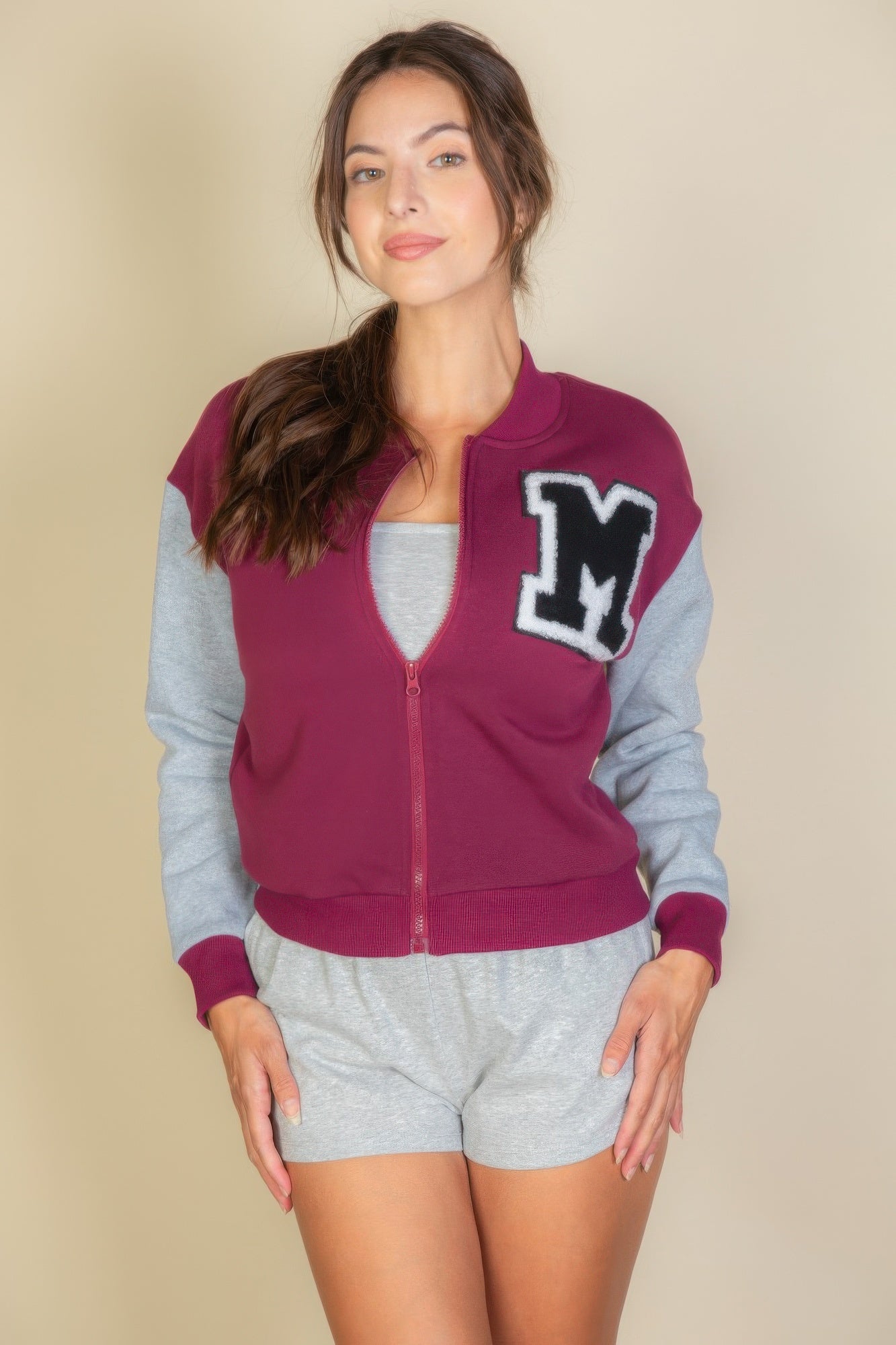 Letter Patched Striped Trim Varsity Jacket See size chart under “more details”