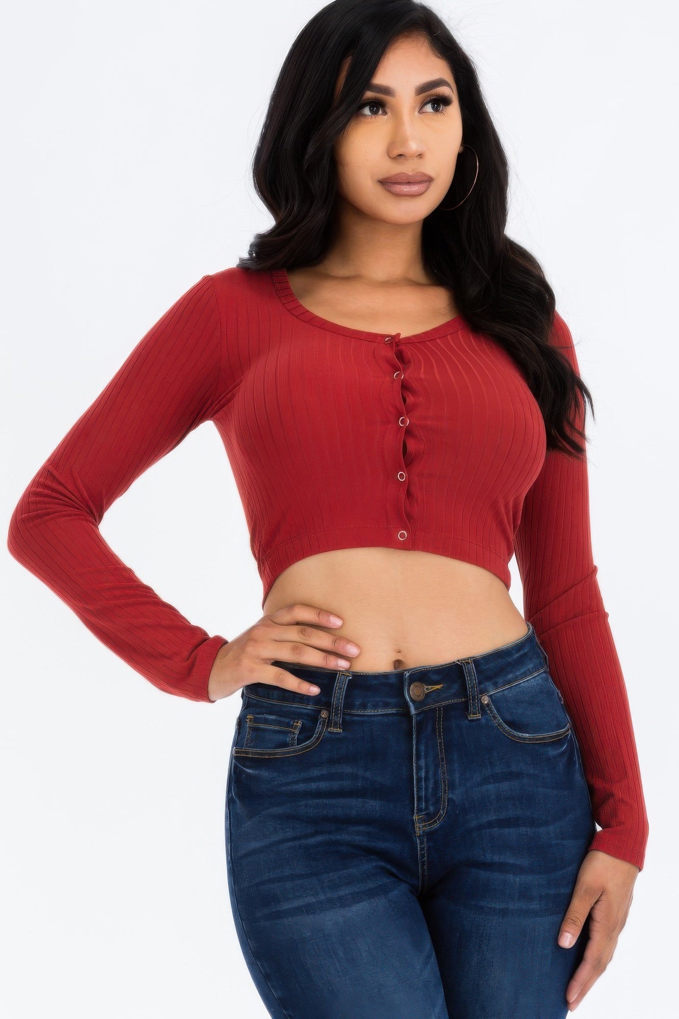 Ribbed Long Sleeve Snap Button Down Crop Top See size chart under “more details”