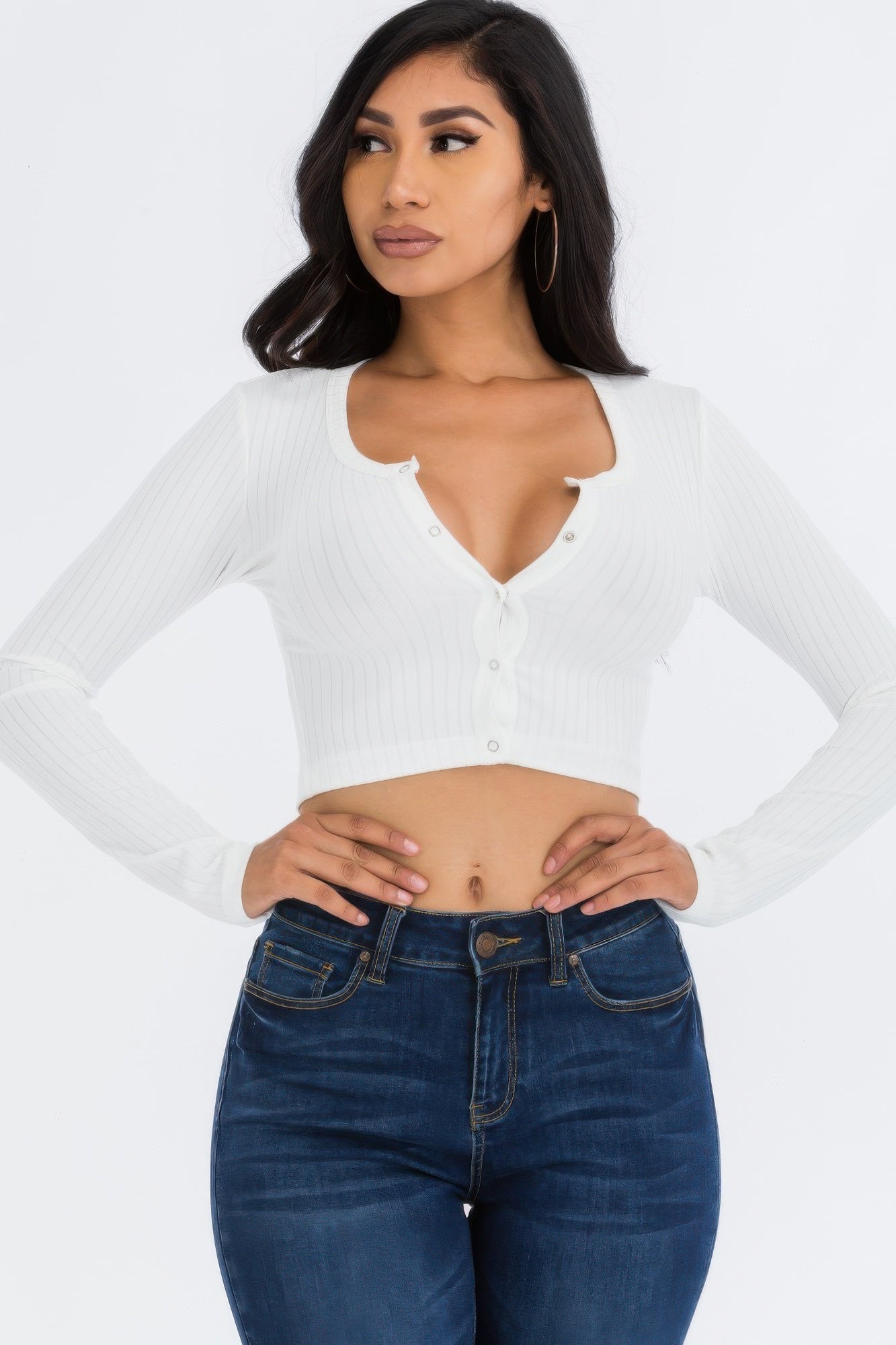 Ribbed Long Sleeve Snap Button Down Crop Top See size chart under “more details”