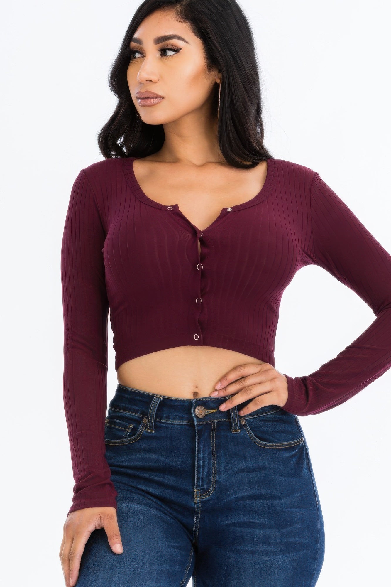 Ribbed Long Sleeve Snap Button Down Crop Top See size chart under “more details”