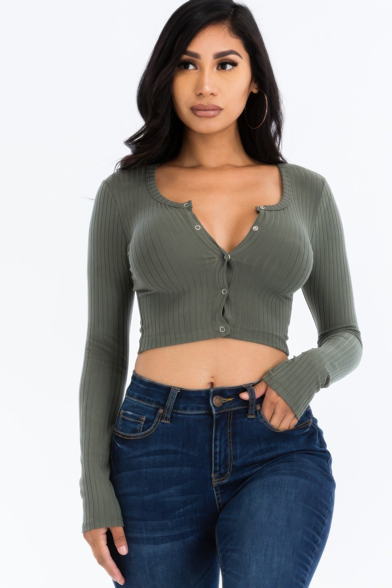 Ribbed Long Sleeve Snap Button Down Crop Top See size chart under “more details”
