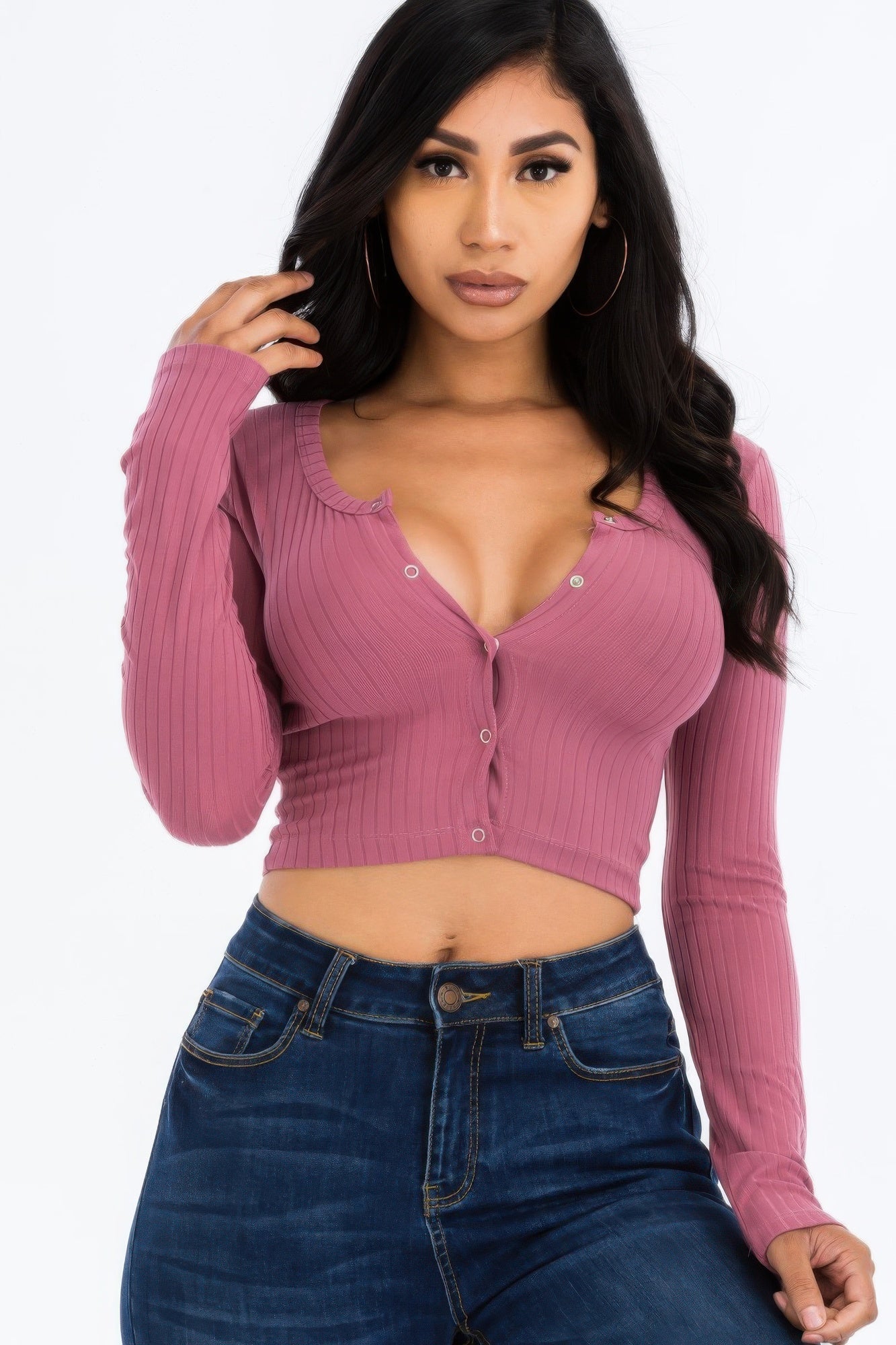Ribbed Long Sleeve Snap Button Down Crop Top See size chart under “more details”