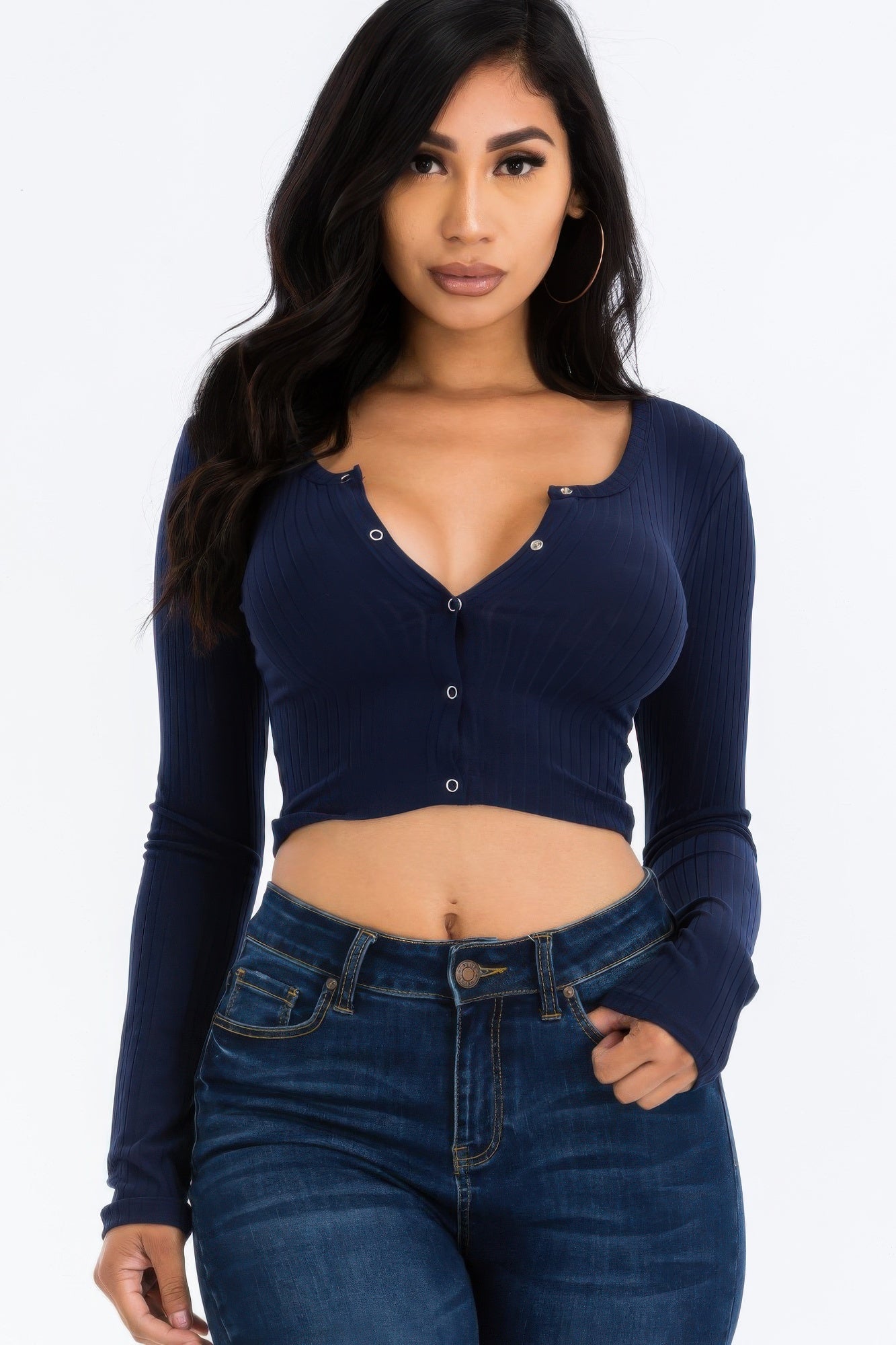 Ribbed Long Sleeve Snap Button Down Crop Top See size chart under “more details”