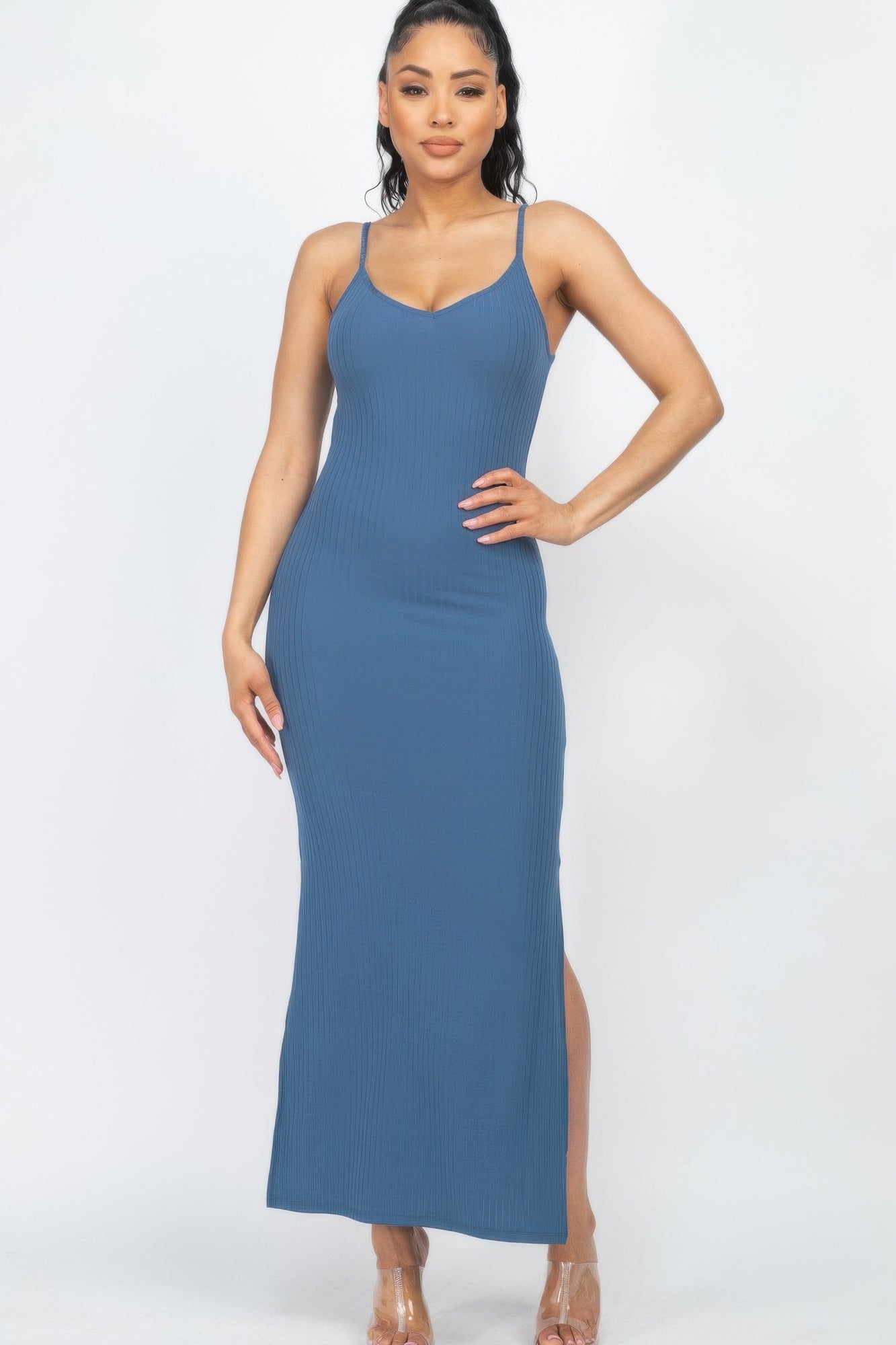 Ribbed Side Slit Long Cami Dress See size chart under “more details”