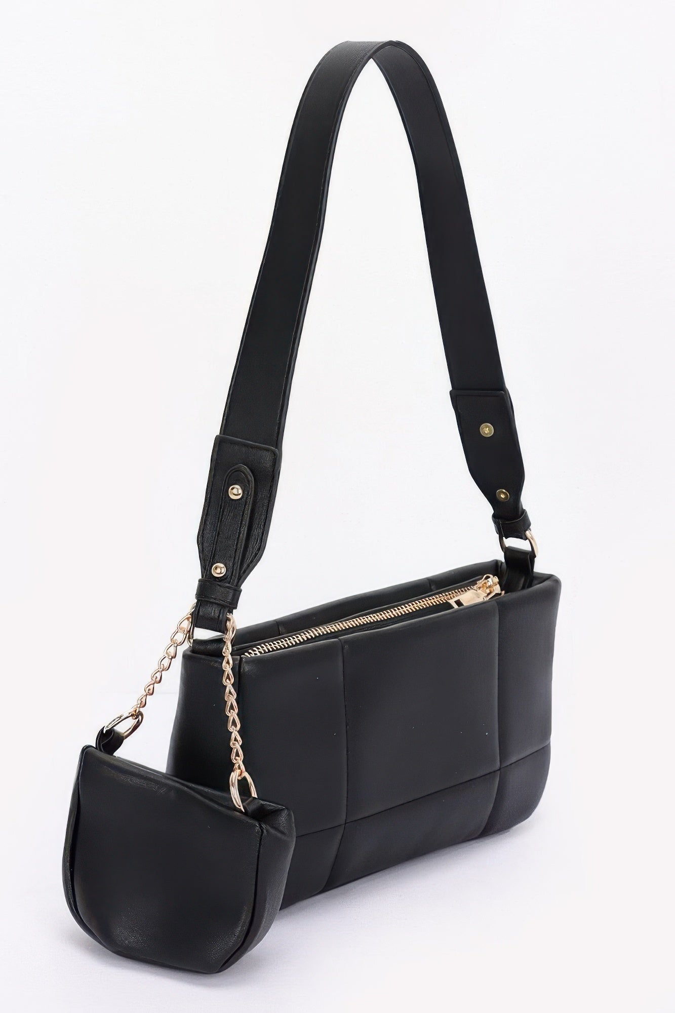 Quilted Faux Leather Shoulder Bag W/ Airpod Bag