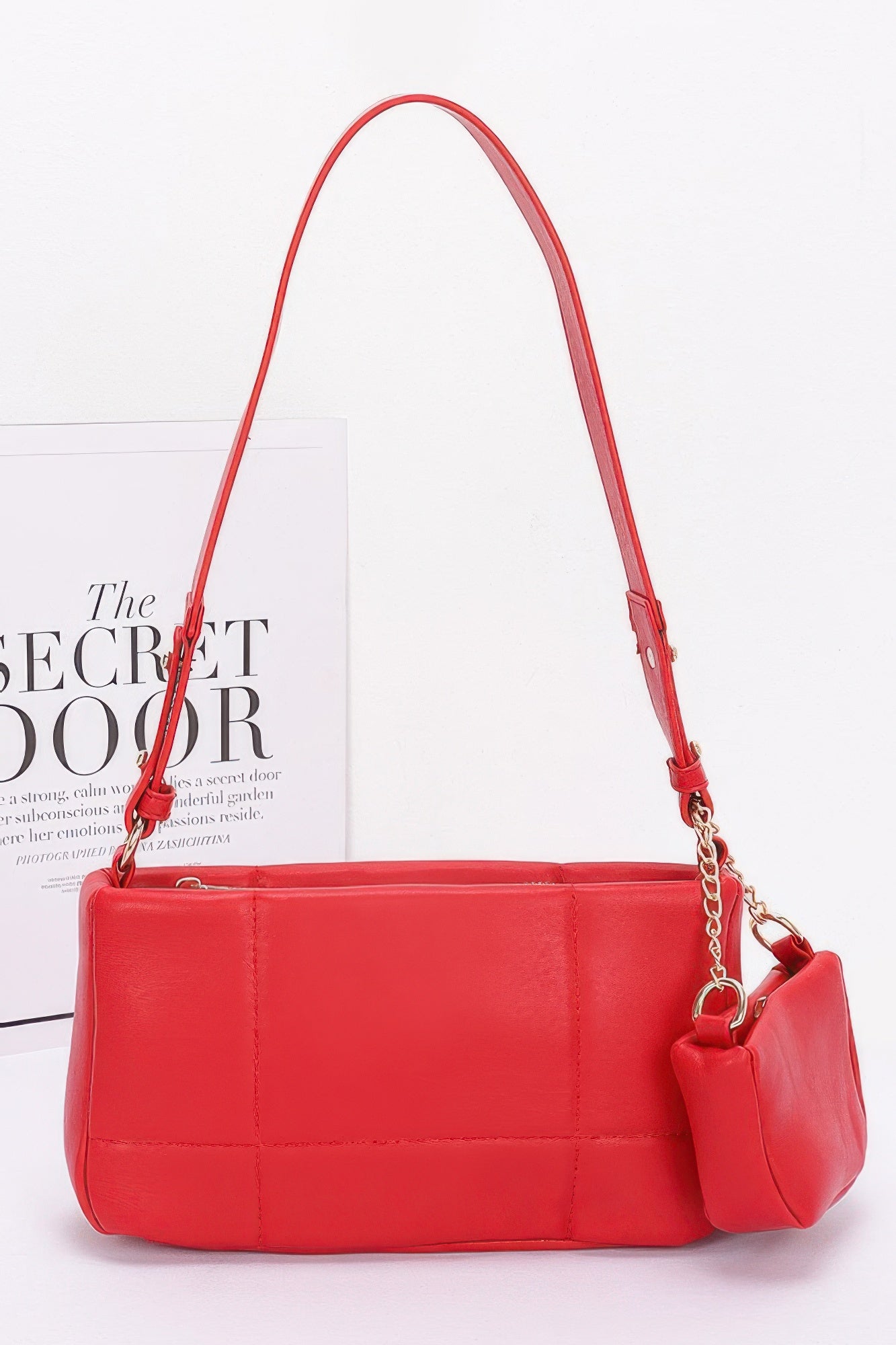 Quilted Faux Leather Shoulder Bag W/ Airpod Bag