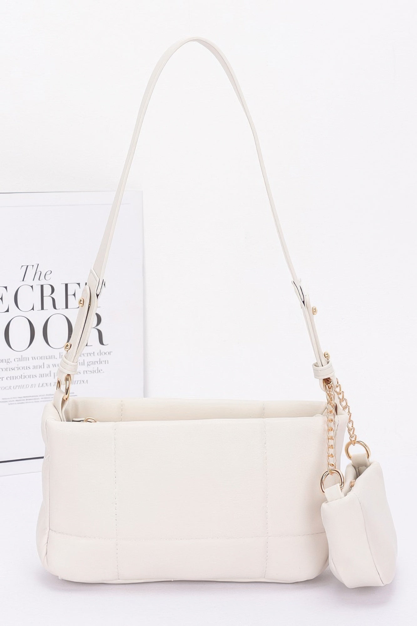 Quilted Faux Leather Shoulder Bag W/ Airpod Bag