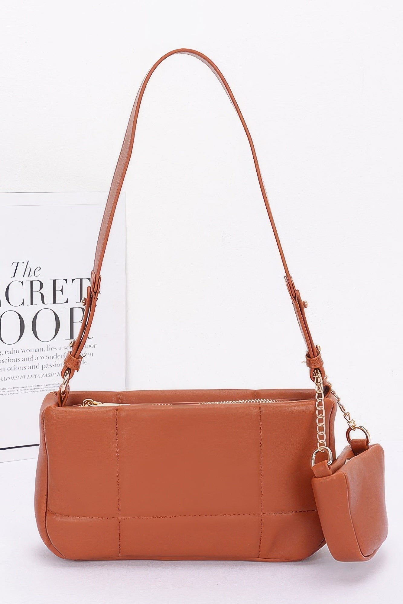 Quilted Faux Leather Shoulder Bag W/ Airpod Bag