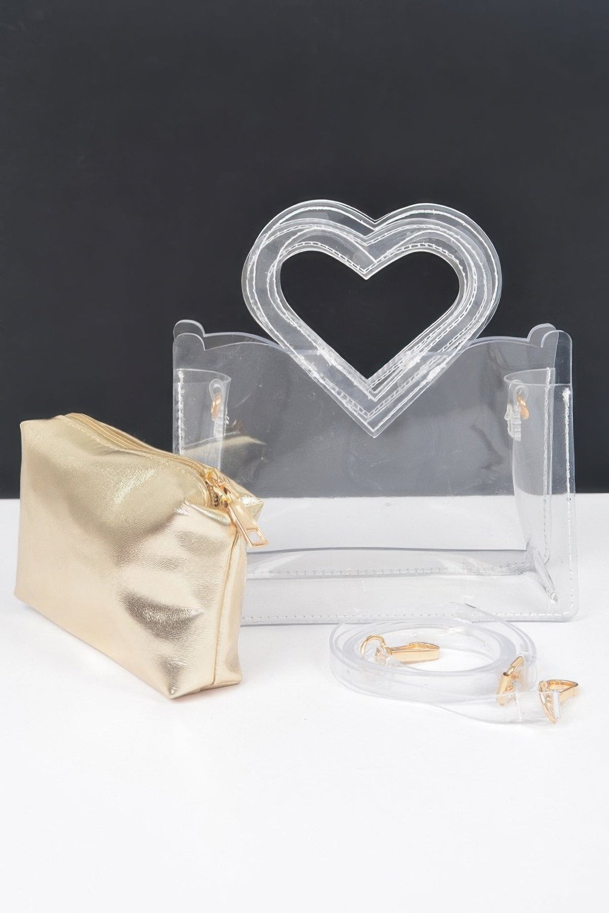 Transparent Heart Shape Handle Clutch W/pouch