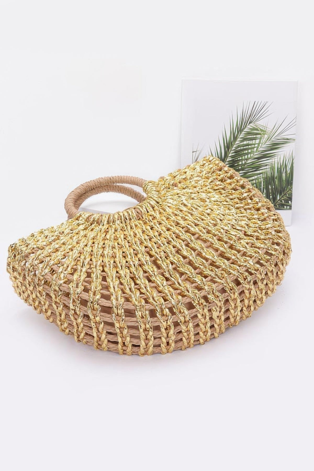 Metallic Faux Straw Tote Bag W Pouch