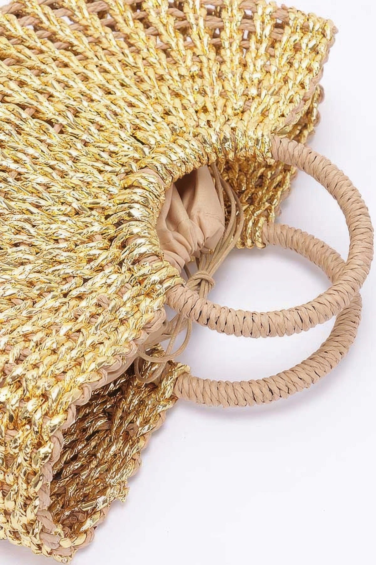 Metallic Faux Straw Tote Bag W Pouch