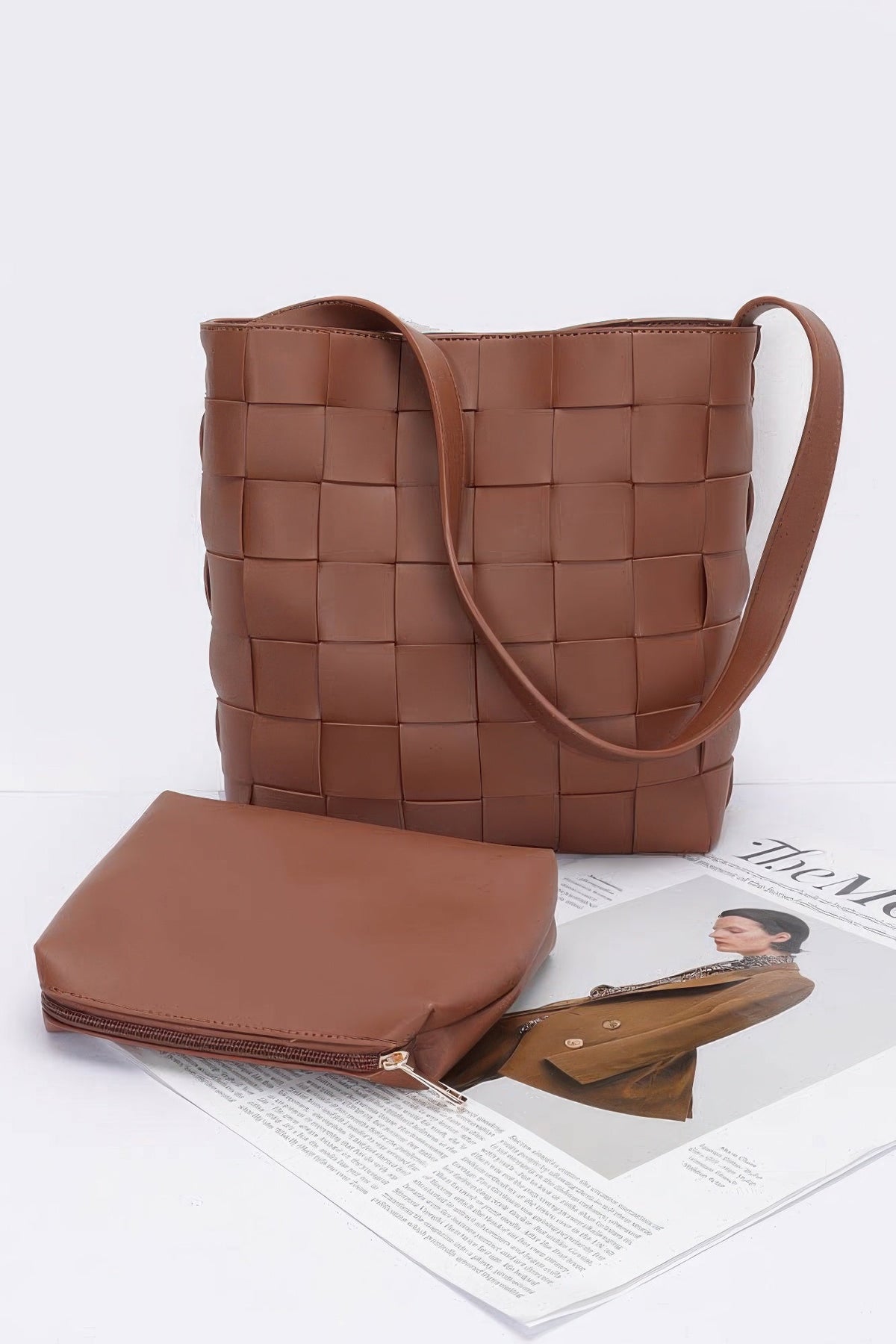 Faux Leather Braided Shoulder Bag W Pouch
