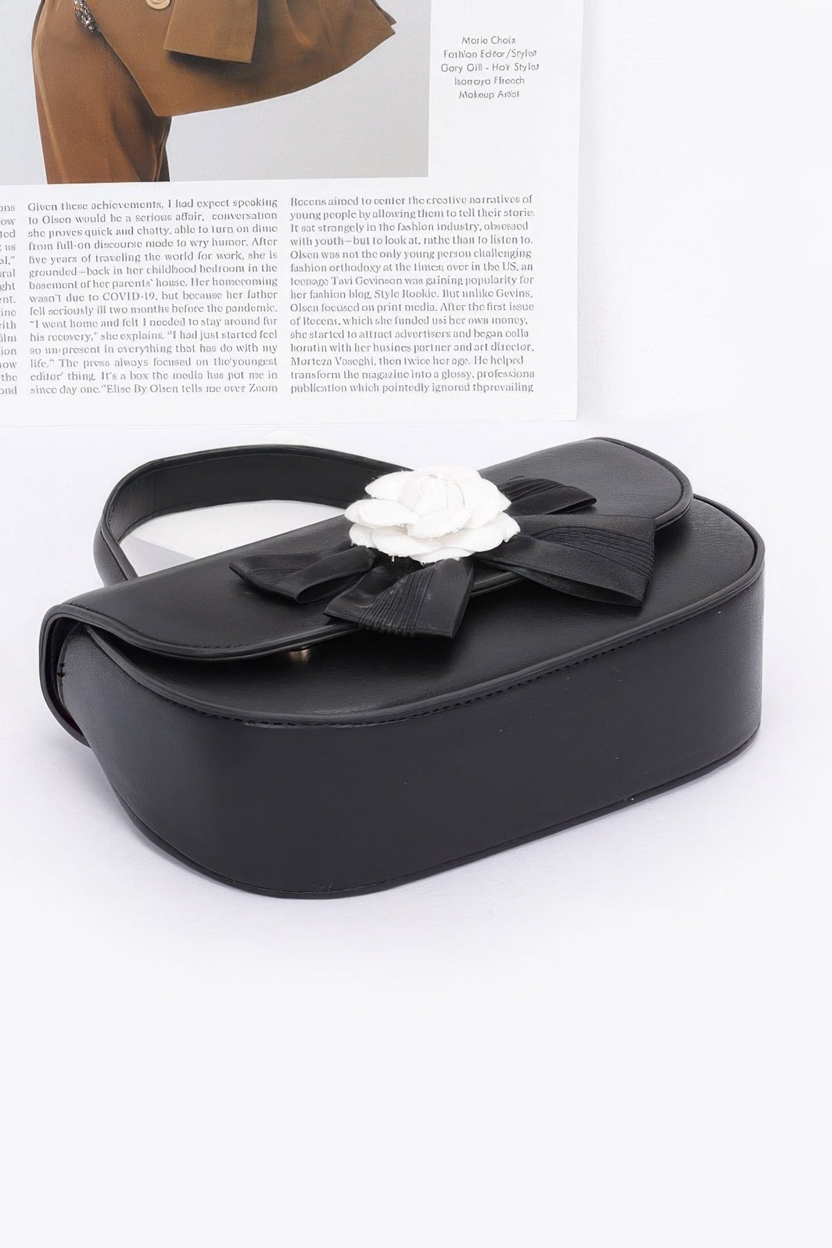 Faux Leather Flower Ribbon Top Handle Flap Bag