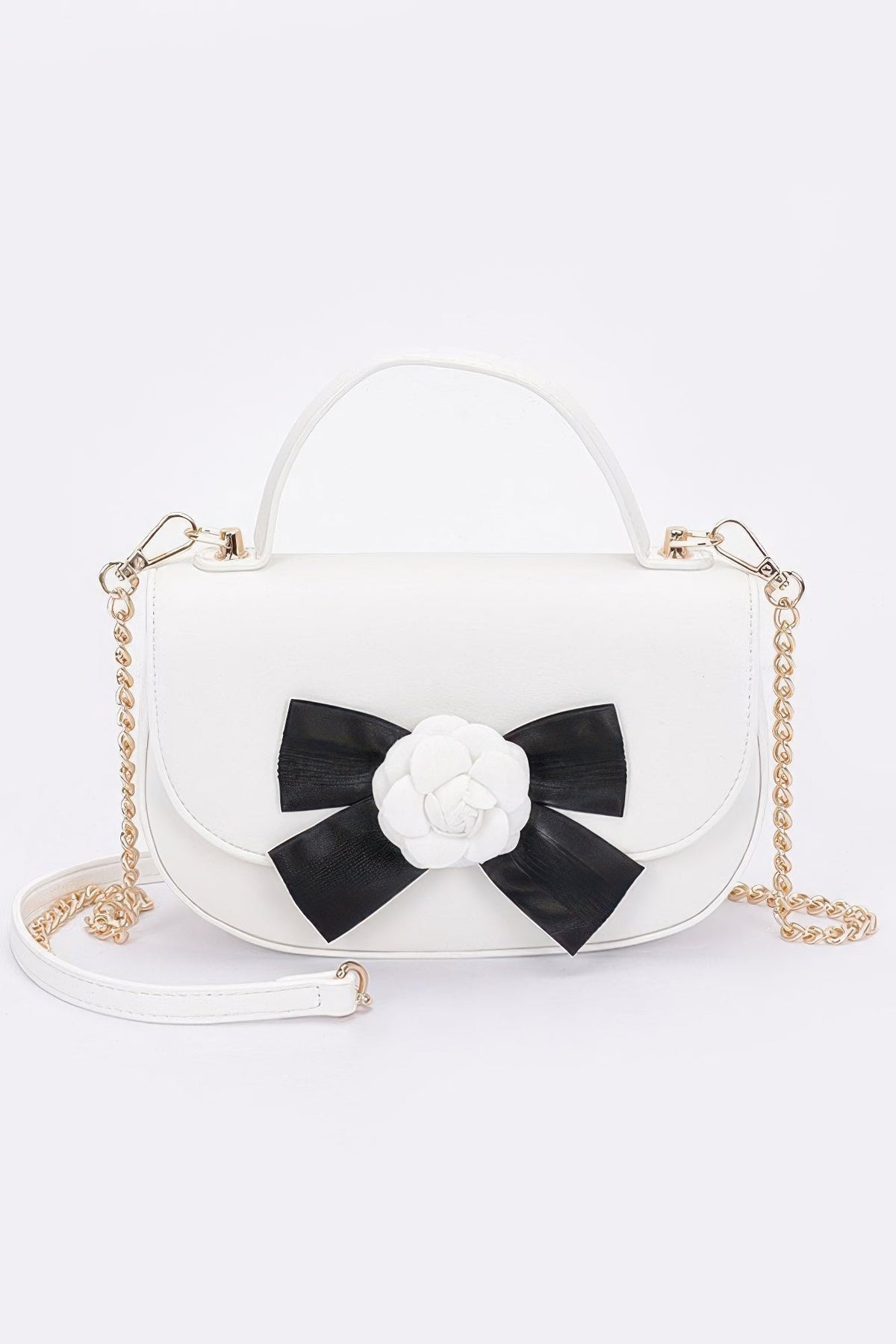 Faux Leather Flower Ribbon Top Handle Flap Bag