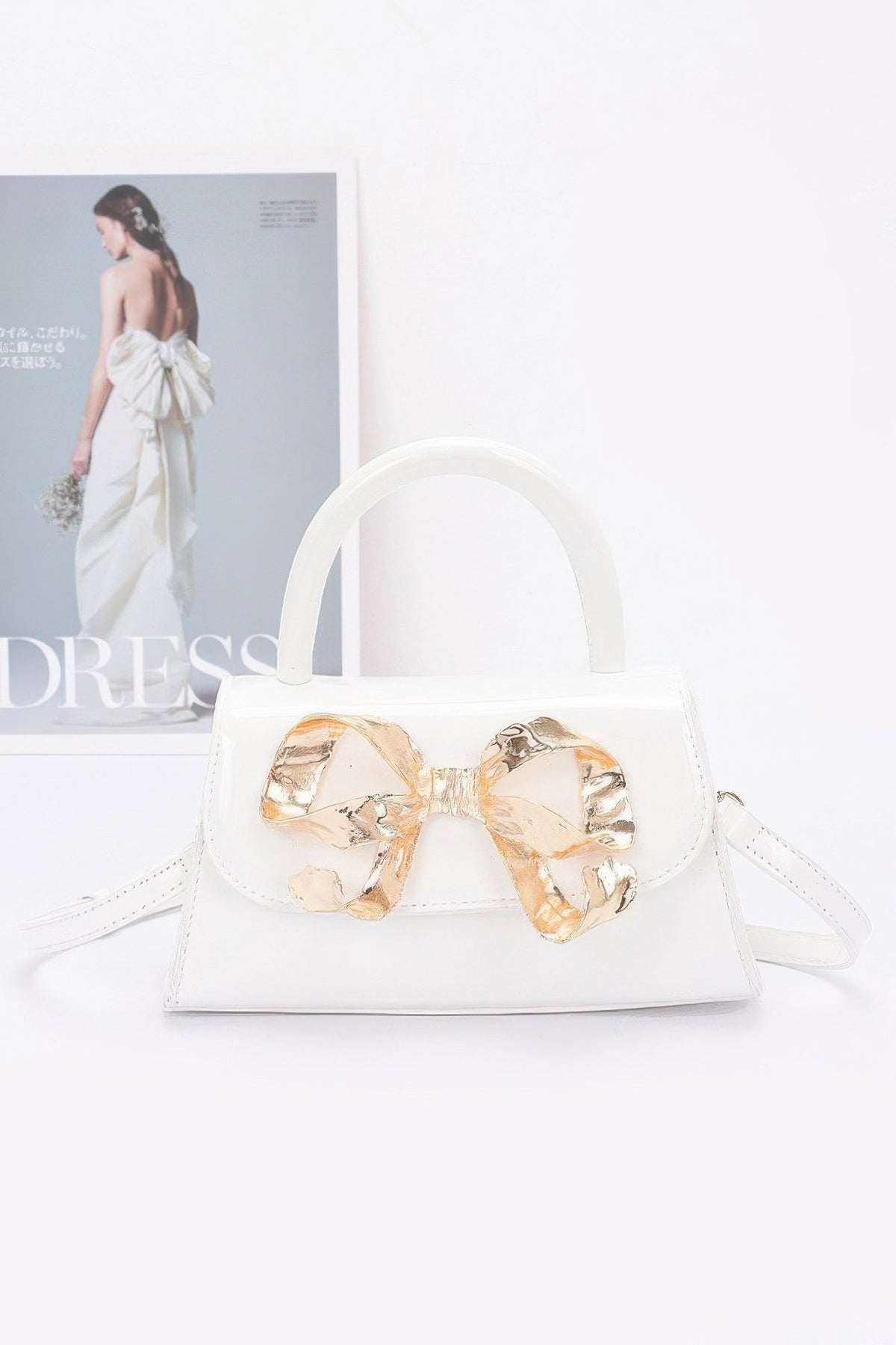 Faux Leather Metal Ribbon Top Handle Bag