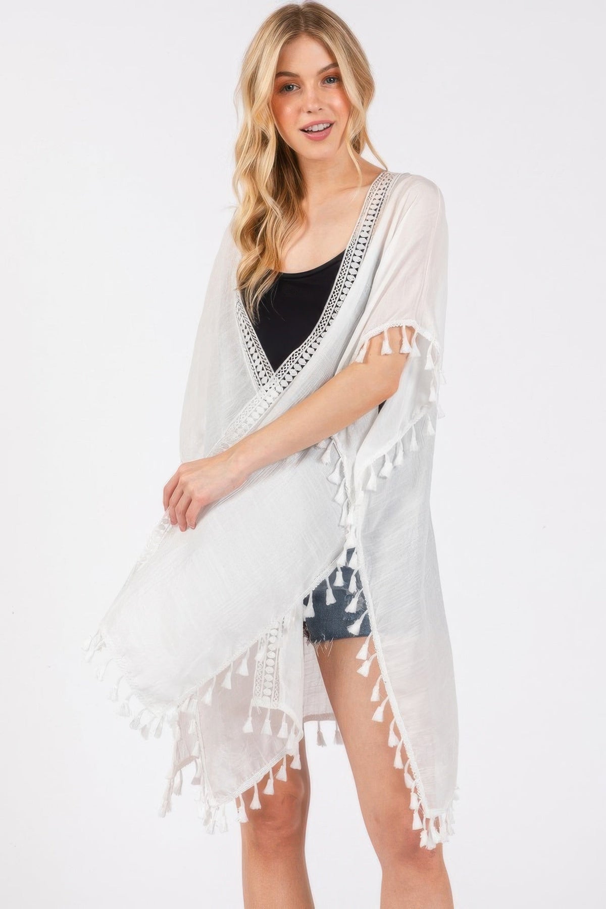 Crochet And Tassel Trim Cover Up