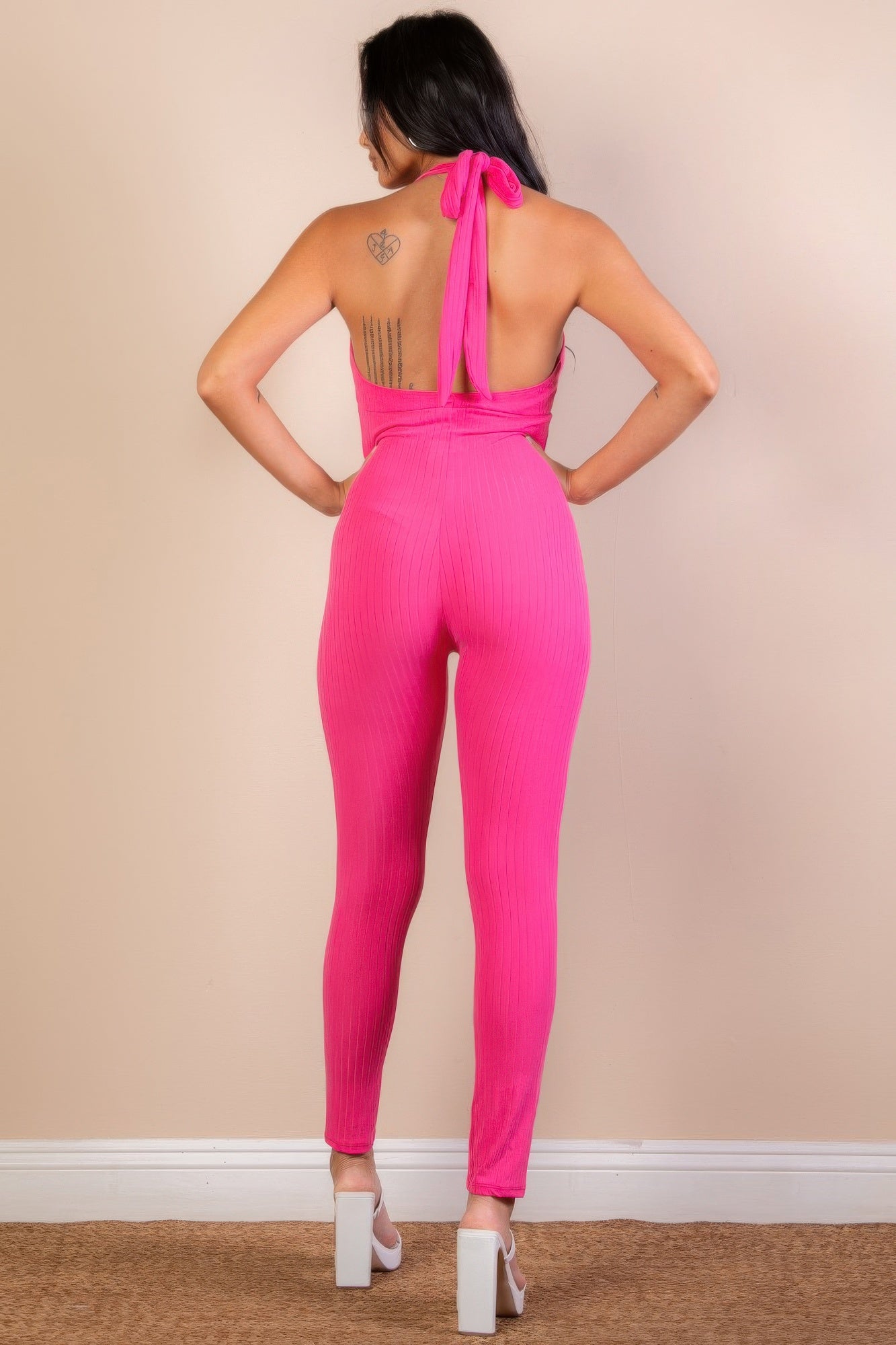 Halter V Neck Ribbed Bodycon Jumpsuit See size chart under “more details”