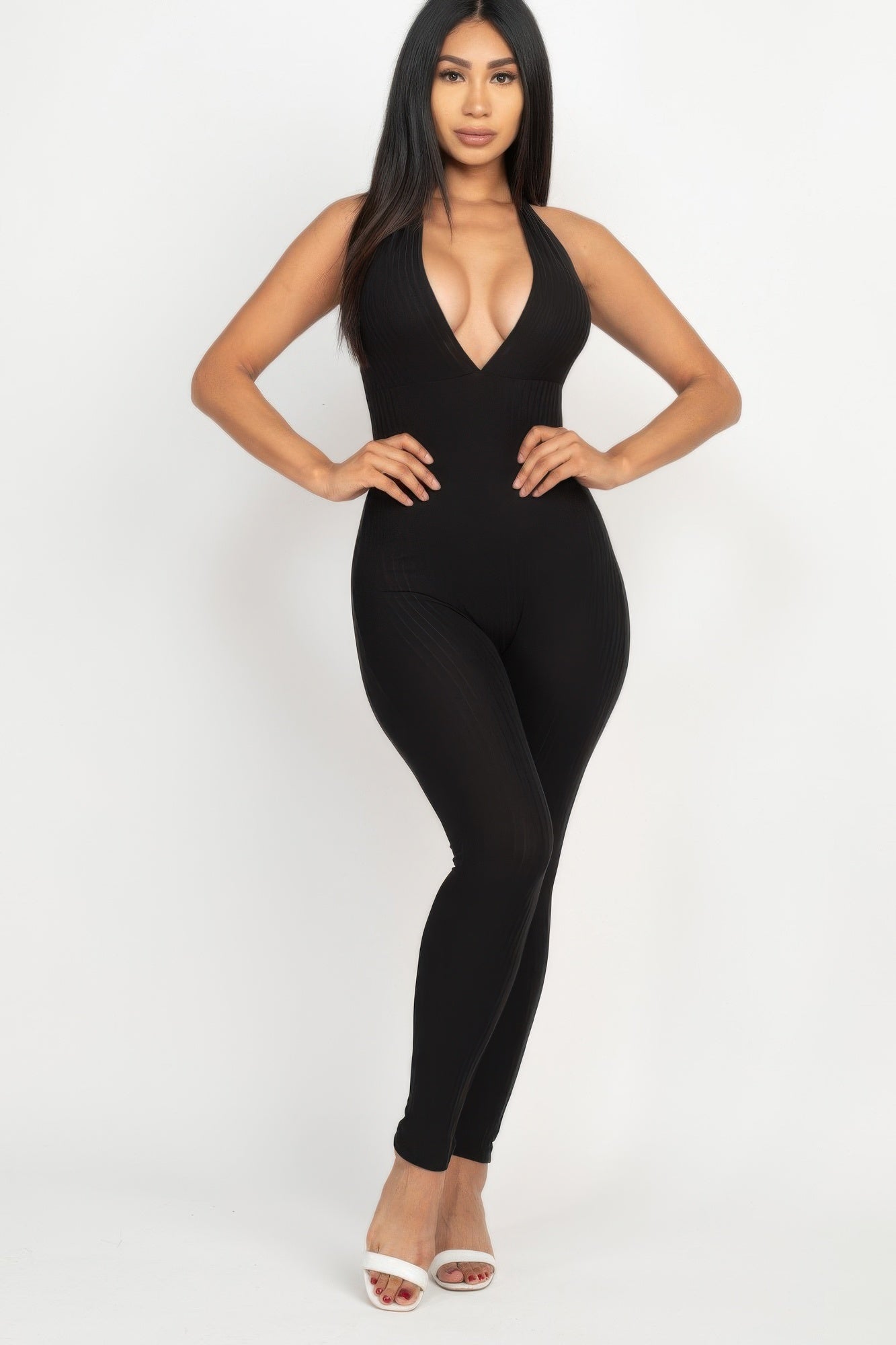 Halter V Neck Ribbed Bodycon Jumpsuit See size chart under “more details”