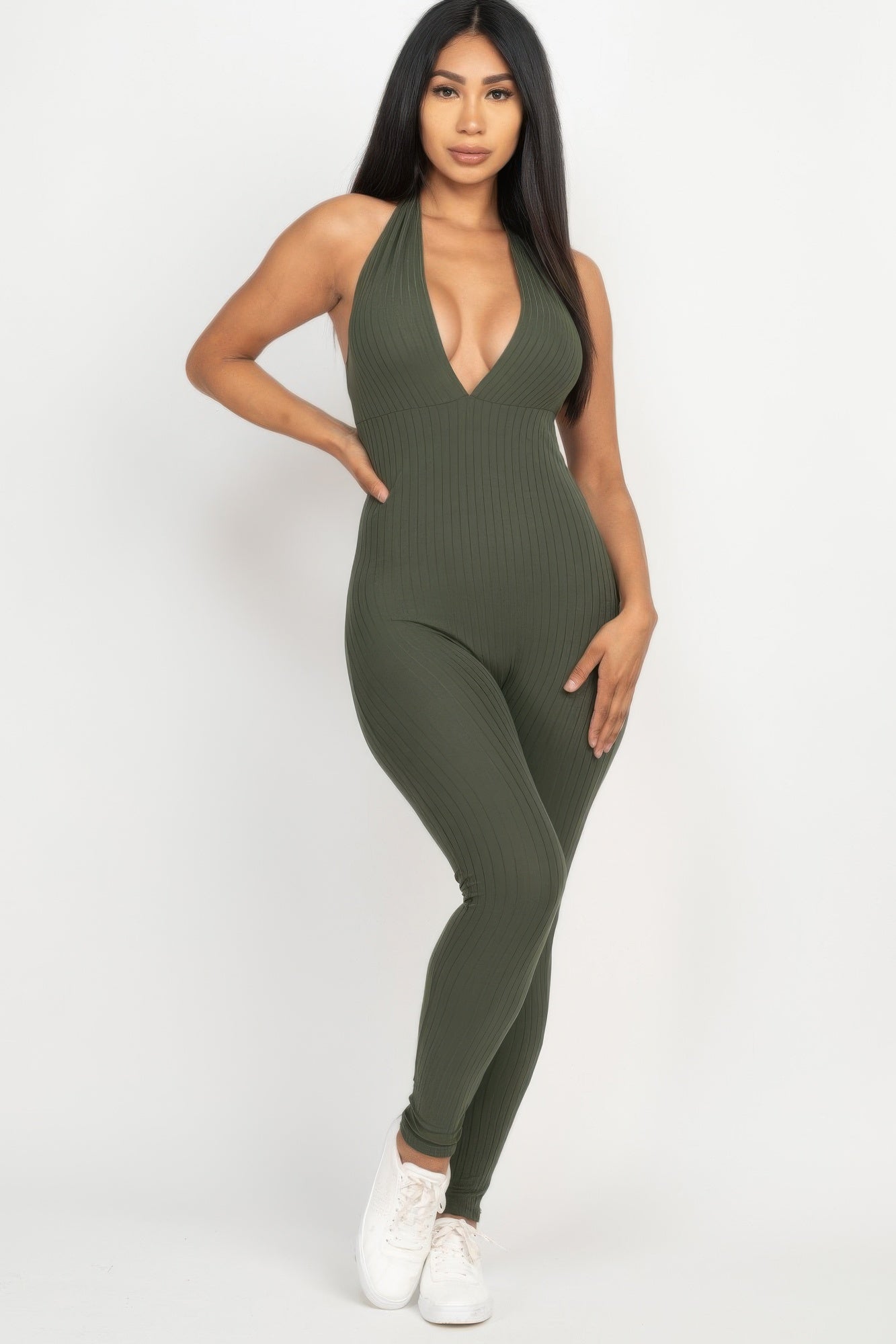 Halter V Neck Ribbed Bodycon Jumpsuit See size chart under “more details”