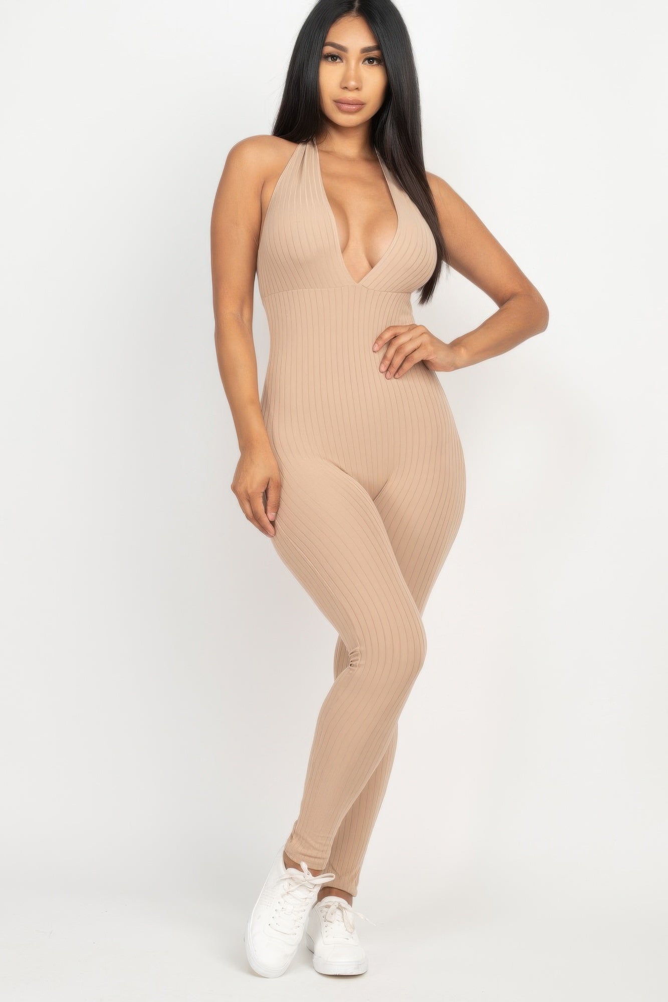 Halter V Neck Ribbed Bodycon Jumpsuit See size chart under “more details”