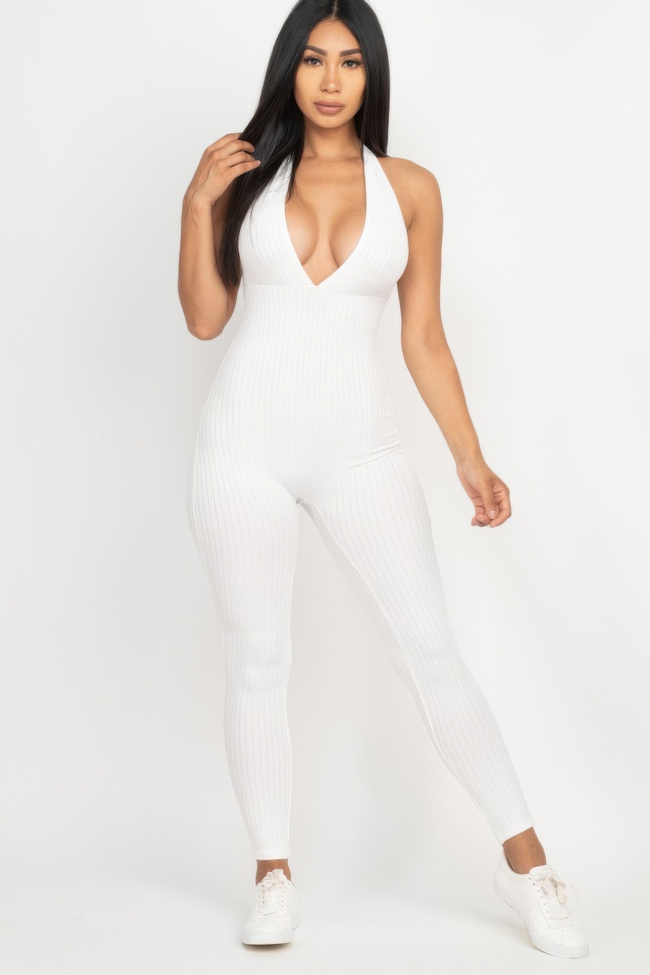 Halter V Neck Ribbed Bodycon Jumpsuit See size chart under “more details”