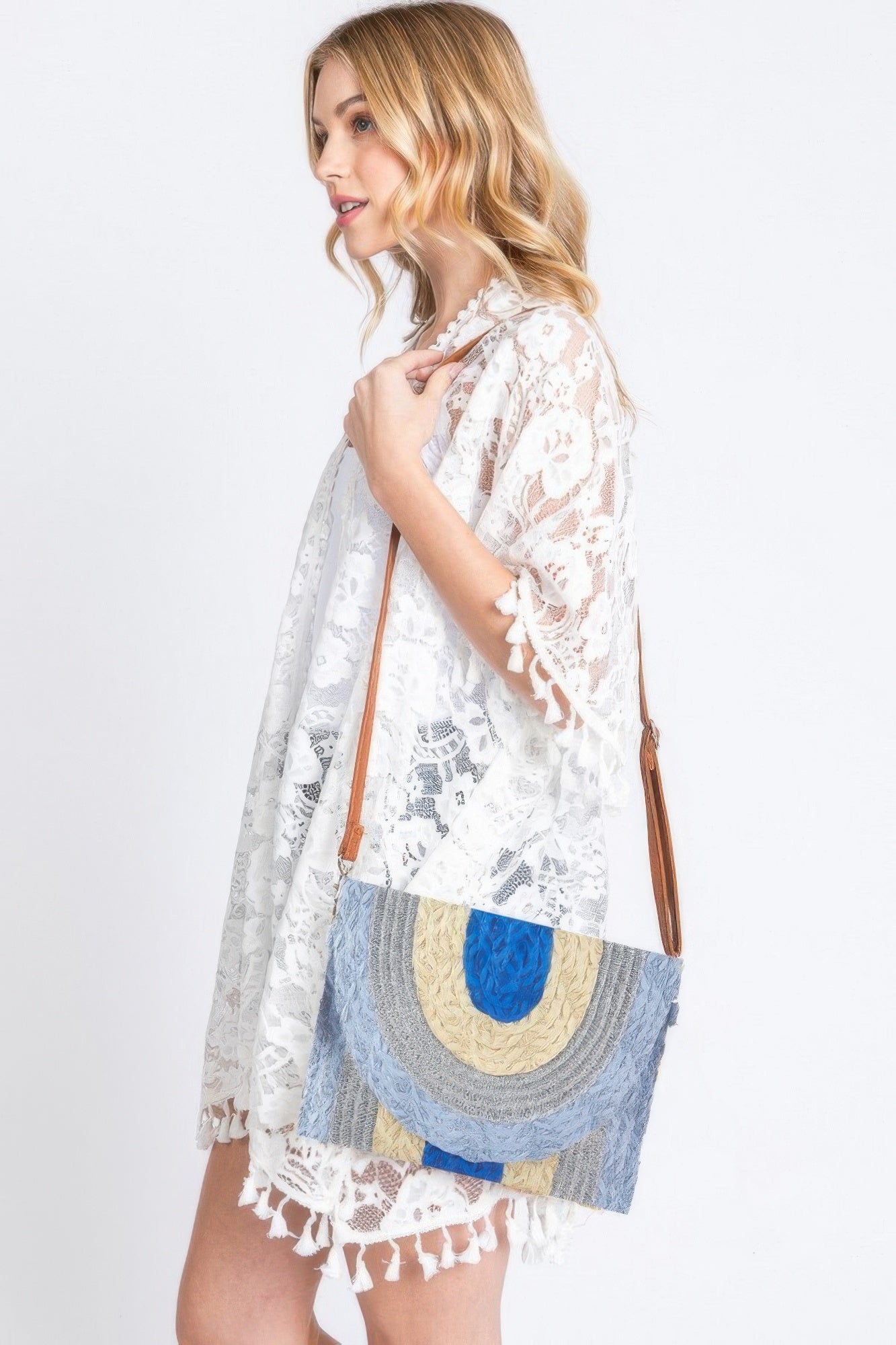 Metallic Lined Multicolor Straw Clutch crossbody bag