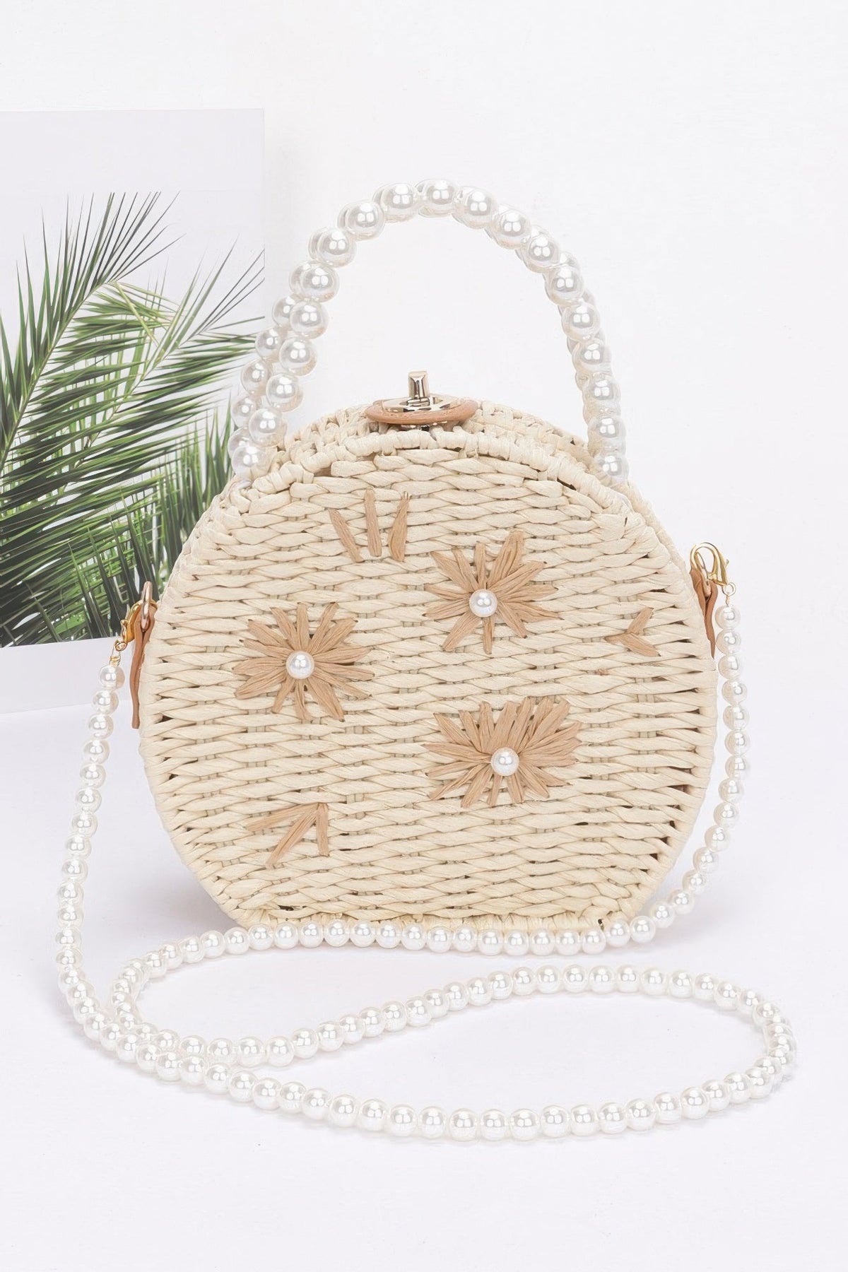 Faux Straw Handmade Clutch W/pearl Handle