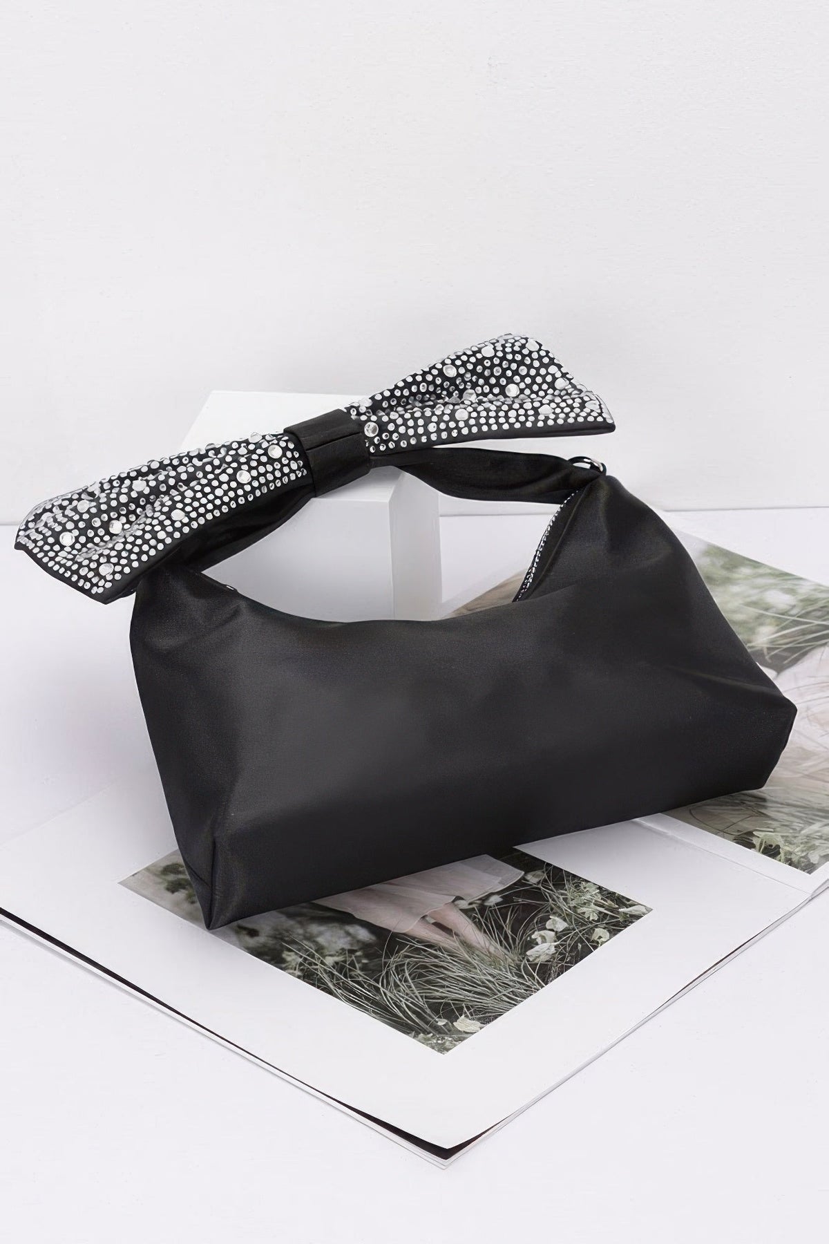 Rhinestone Hotfix Bow Handle Nylon Clutch