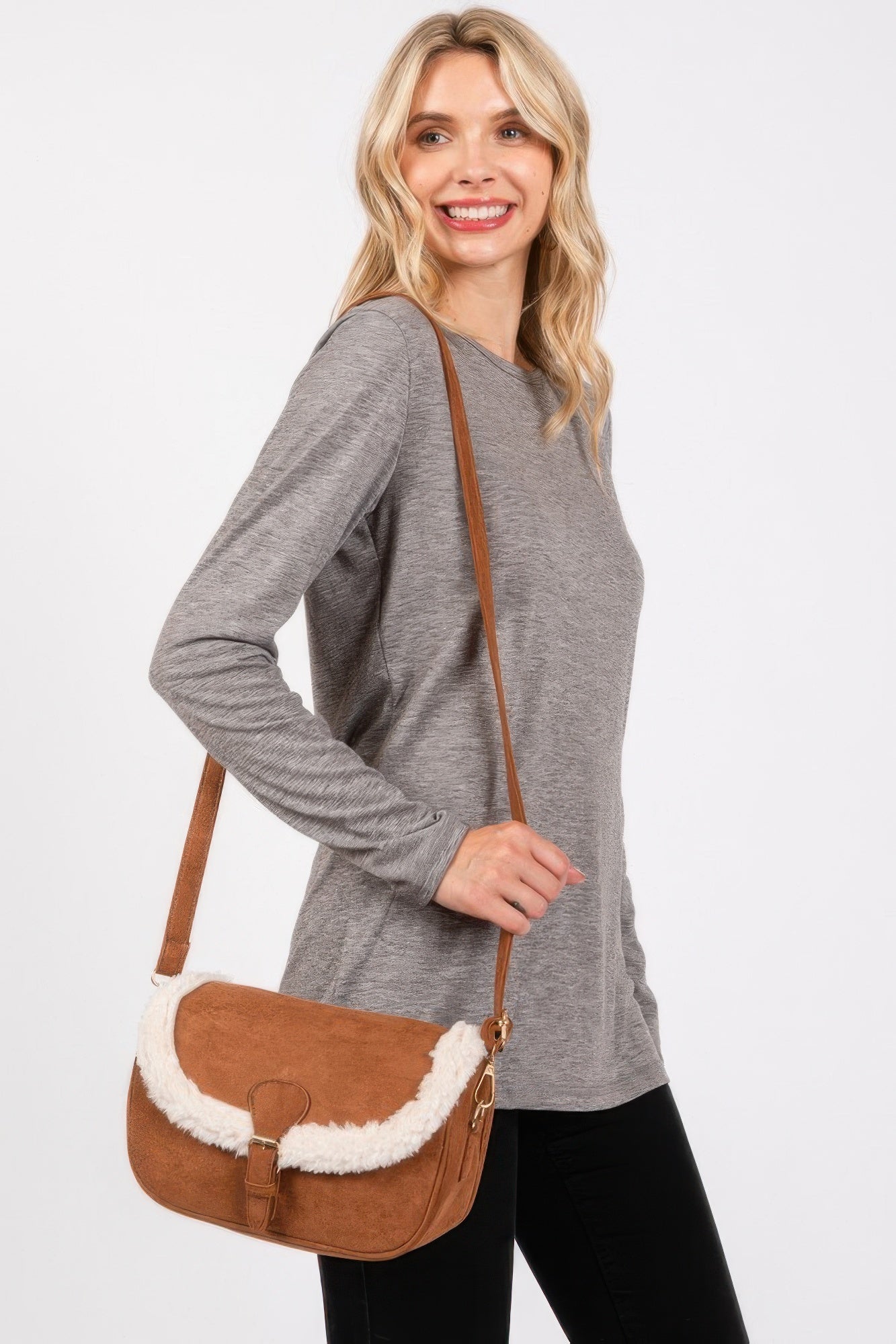 Fleece Trimmed Solid Crossbodybag Adjustable Strap
