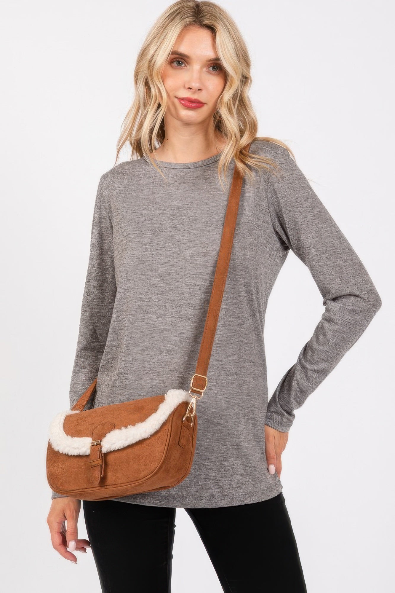 Fleece Trimmed Solid Crossbodybag Adjustable Strap