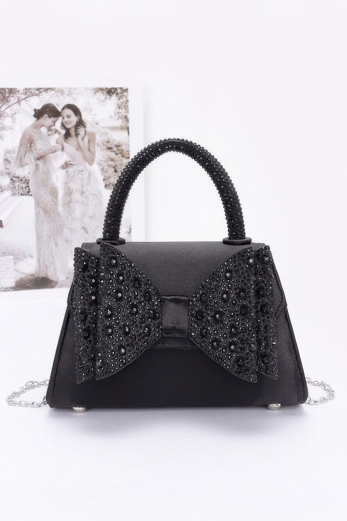 Rhinestone Ribbon Top Handle Satin Flap Bag