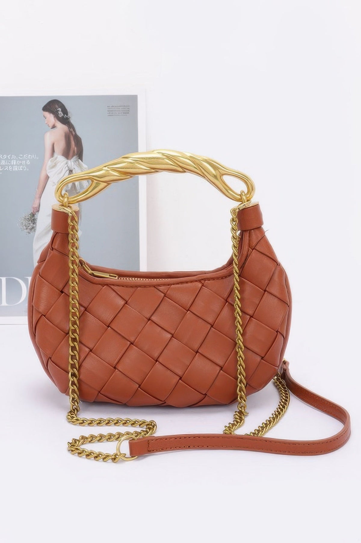 Faux Leather Braided Metal Handle Bag
